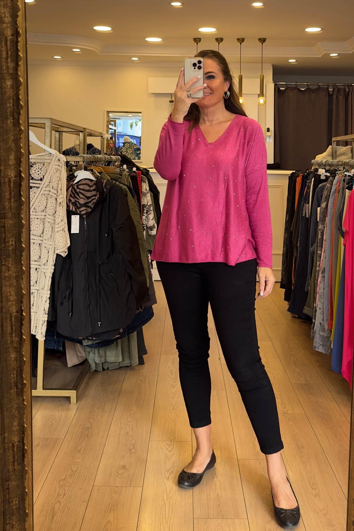 Serpme Taşlı İşlemeli Triko Bluz Pembe 