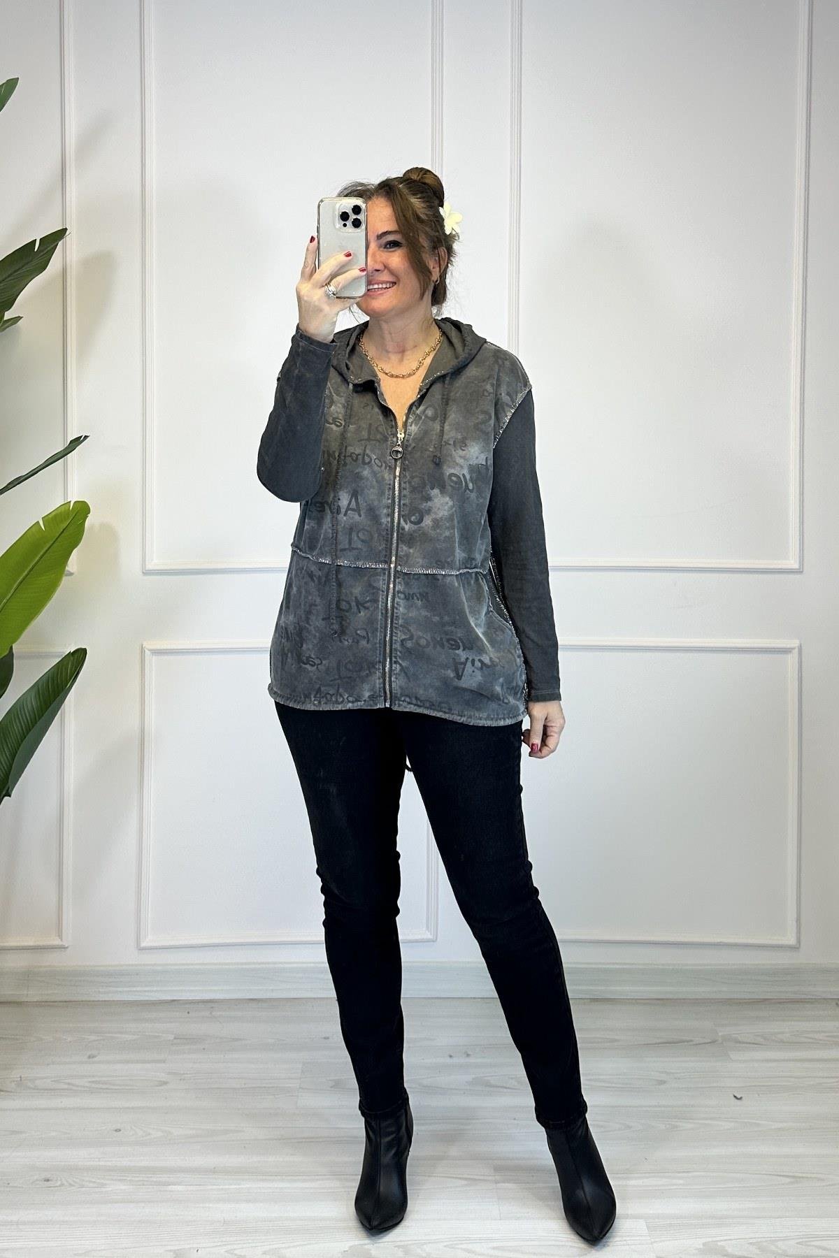 Sim Dikiş Detaylı Yazılı Ceket - Antrasit