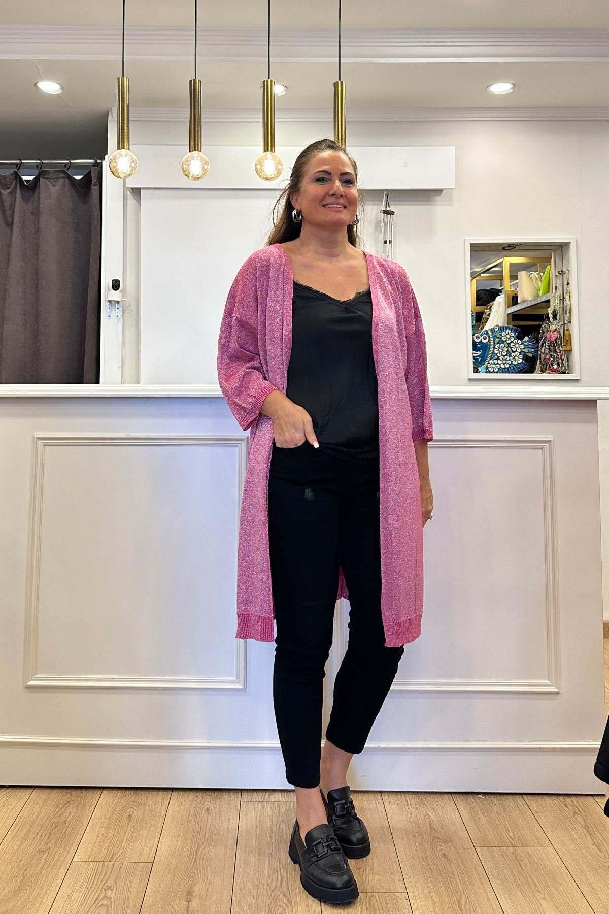 Simli Triko Ceket Pembe