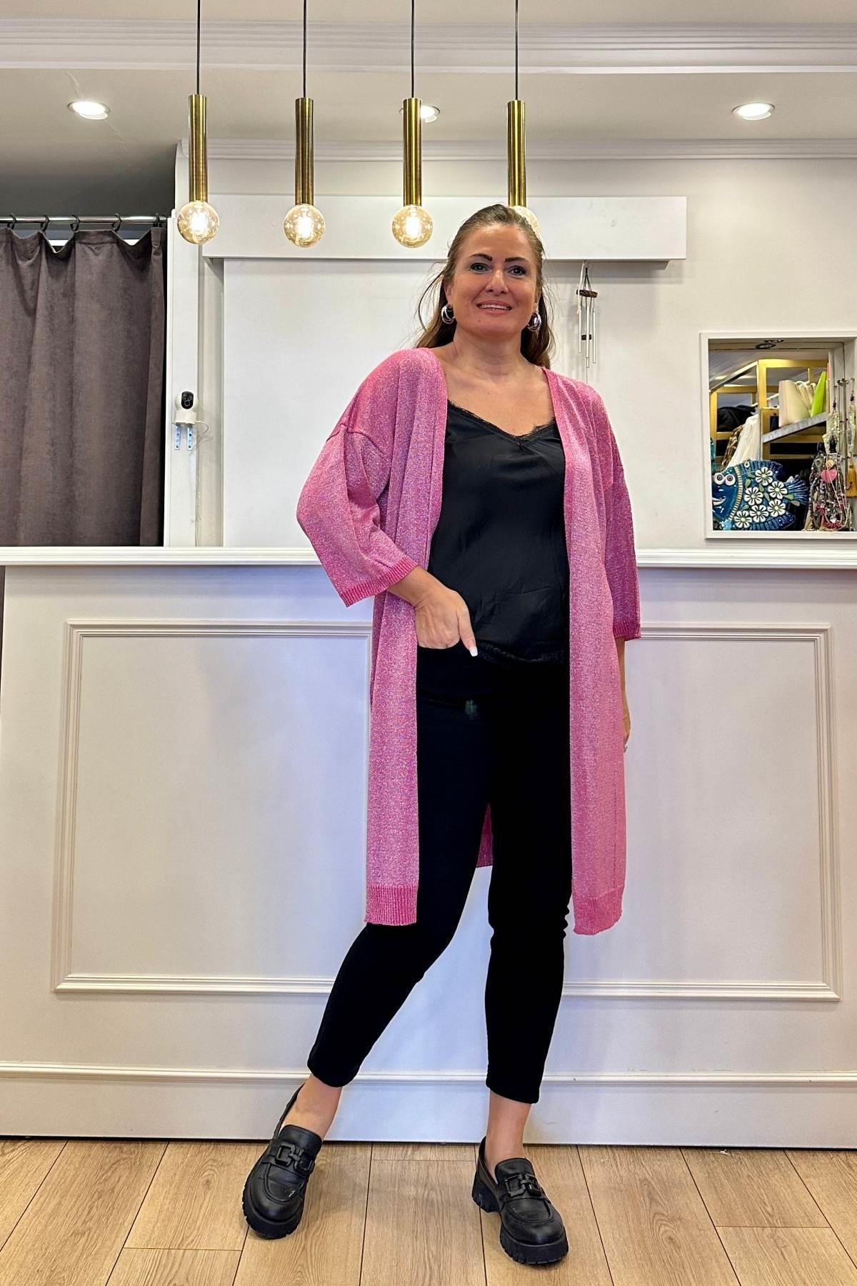 Simli Triko Ceket Pembe