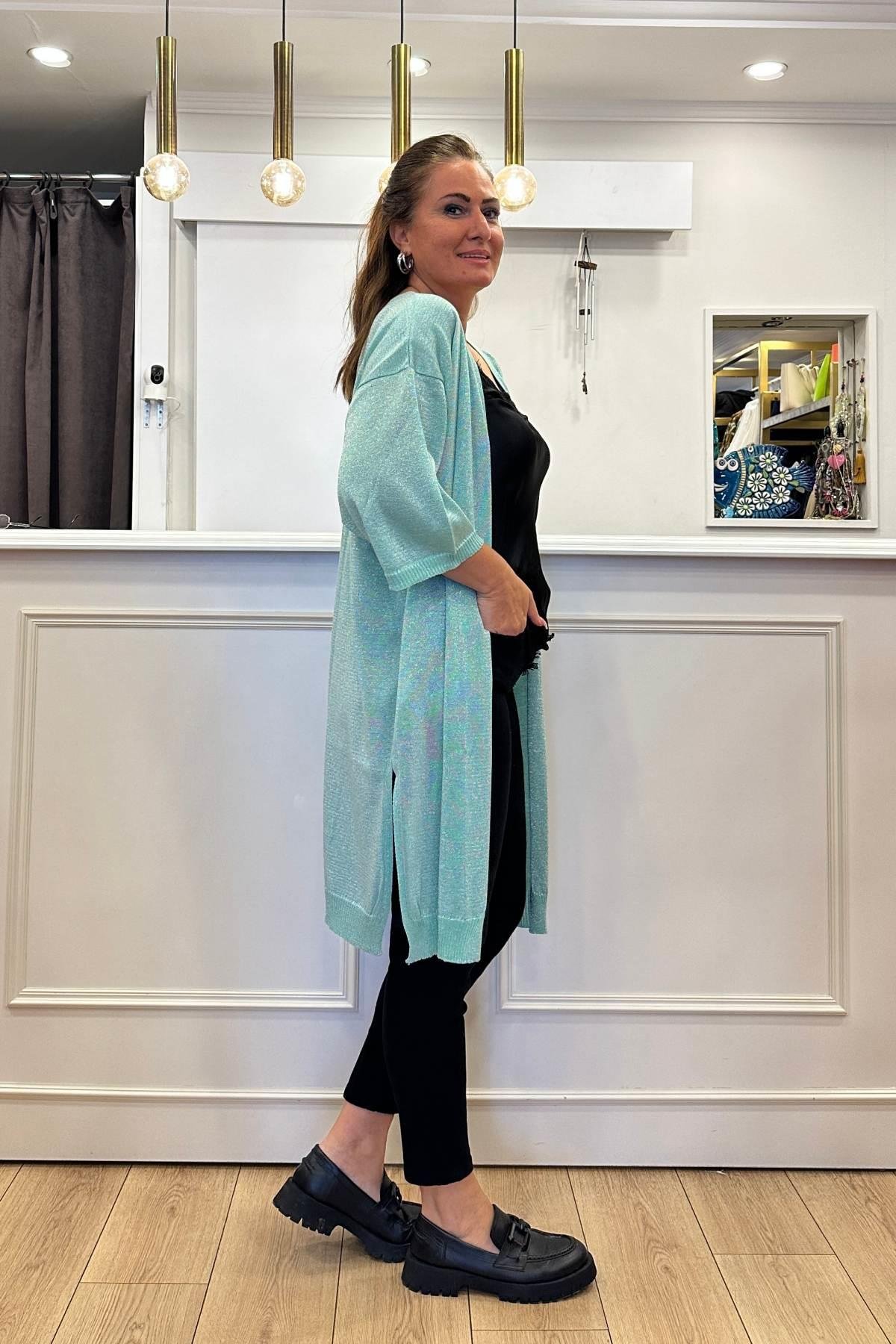 Simli Triko Ceket Su Yeşili