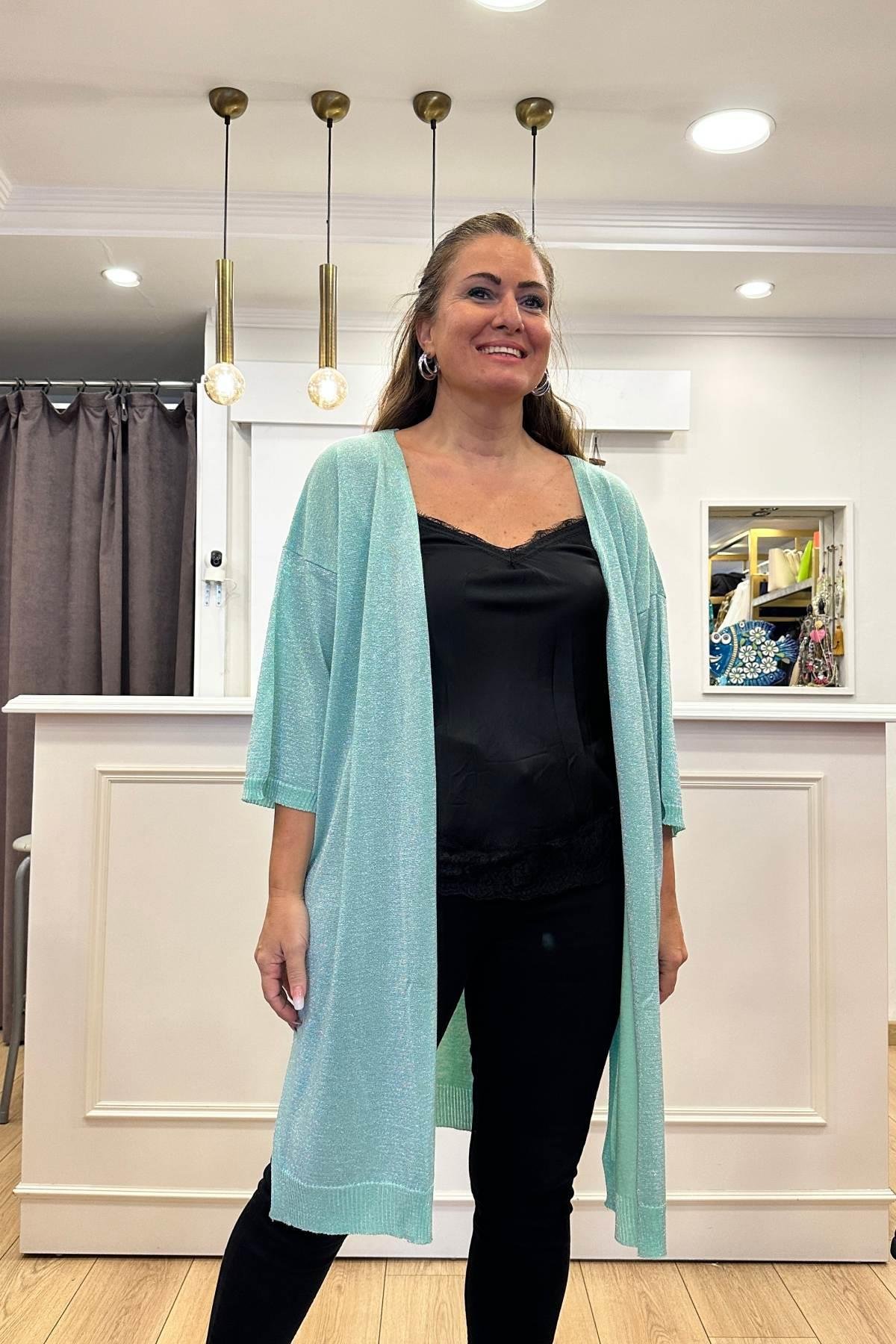 Simli Triko Ceket Su Yeşili