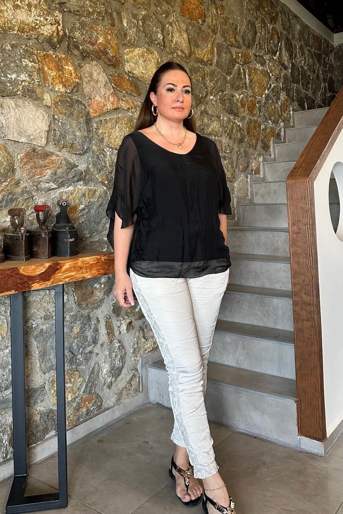 Sırt Dantel Detaylı İpek Bluz Siyah