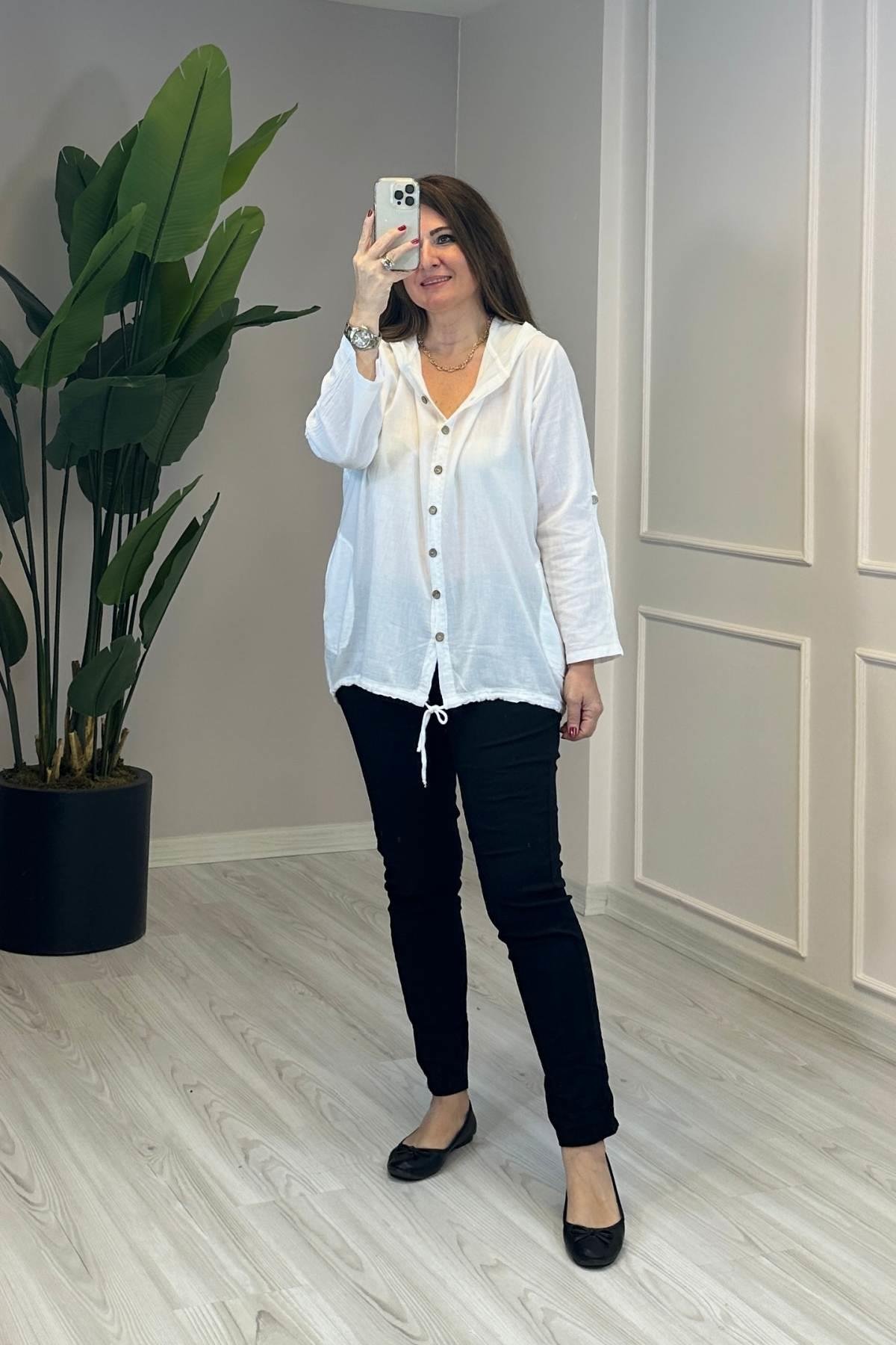 Sırt Dantel Detaylı Kapüşonlu Ceket Beyaz