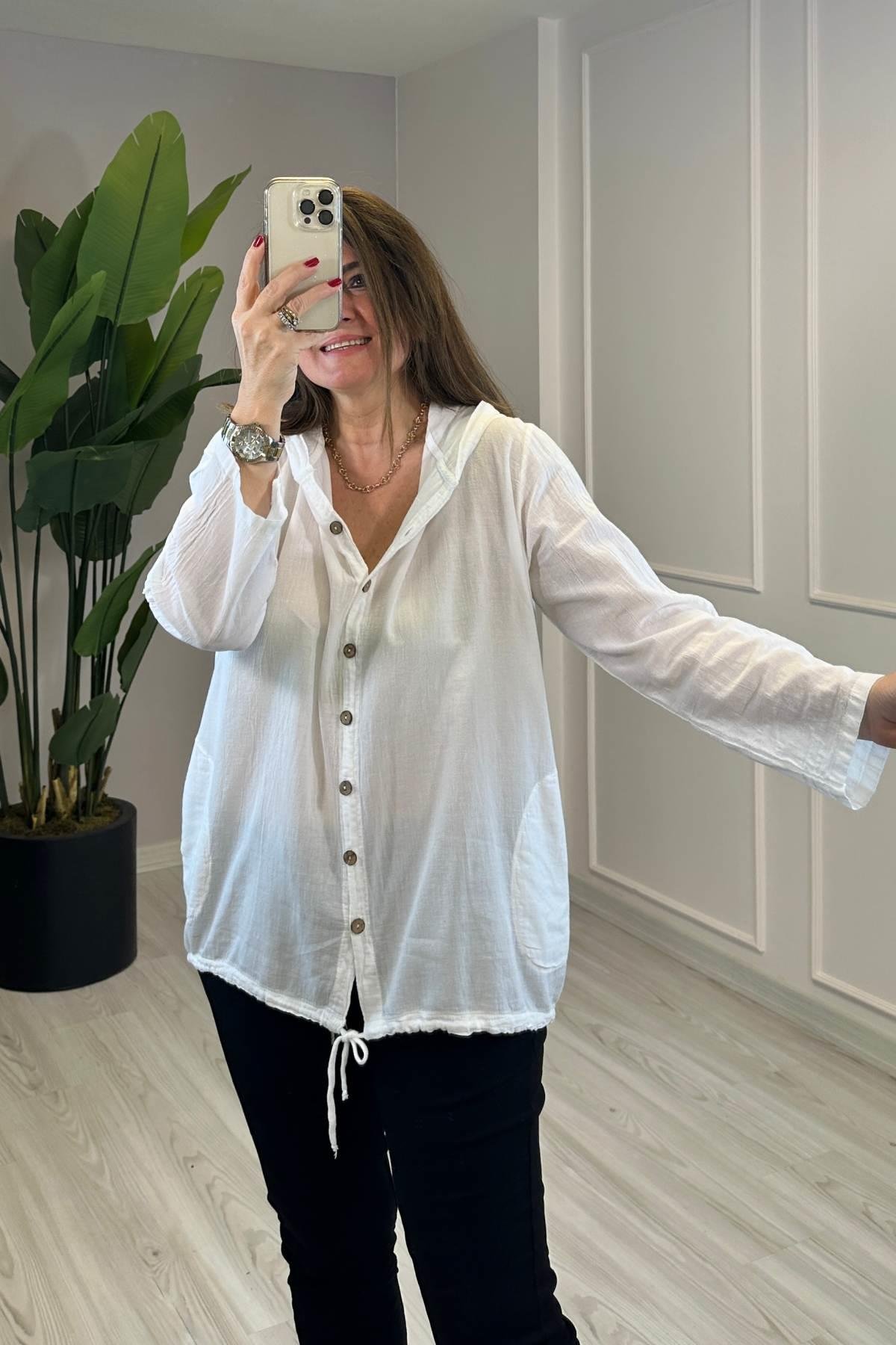 Sırt Dantel Detaylı Kapüşonlu Ceket Beyaz