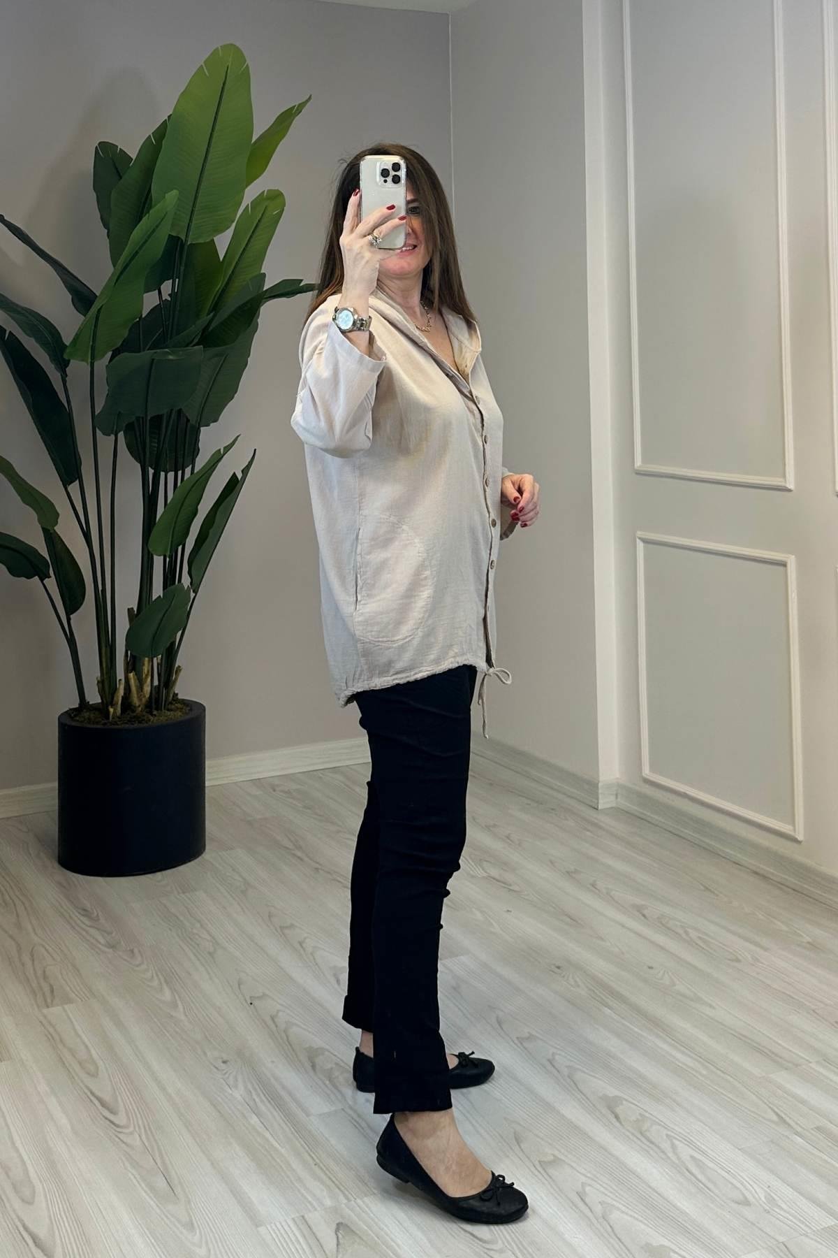 Sırt Dantel Detaylı Kapüşonlu Ceket Bej