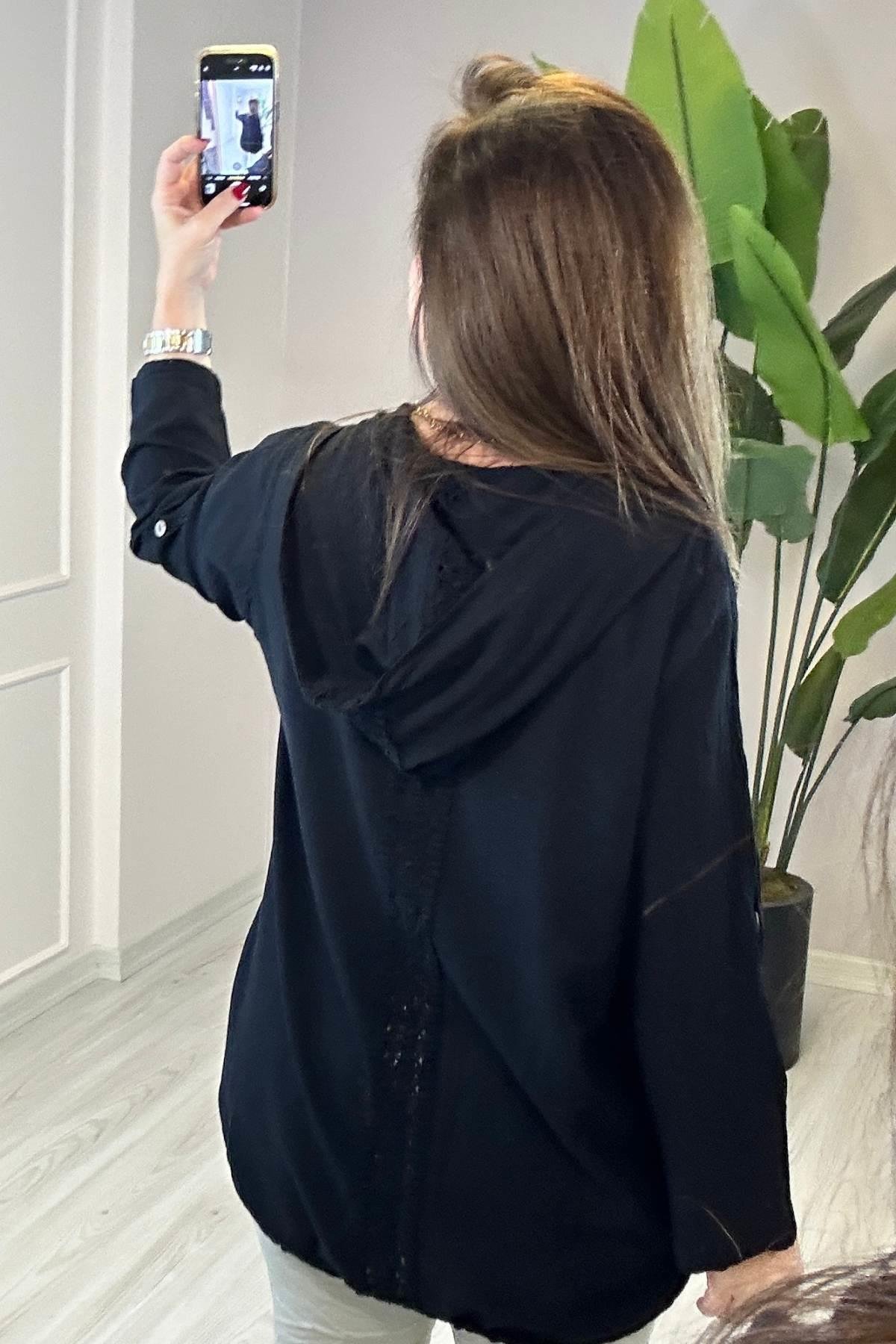 Sırt Dantel Detaylı Kapüşonlu Ceket Siyah