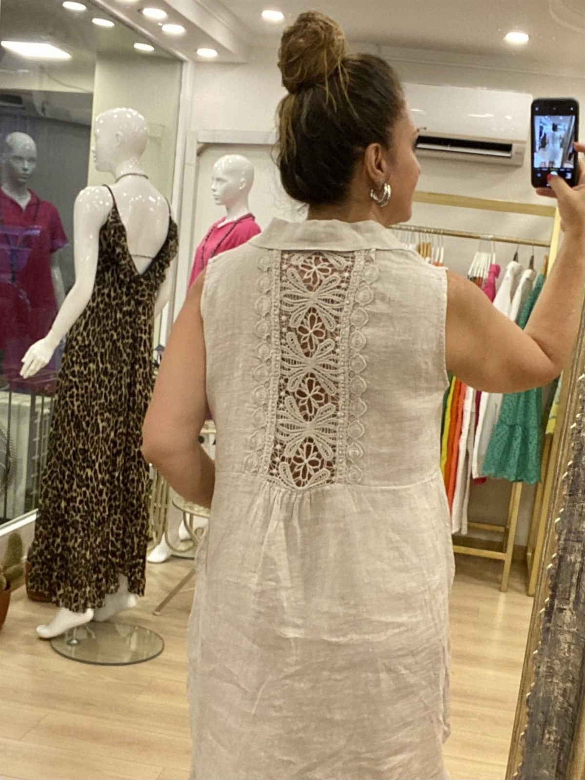 Sırt Dantel Detaylı Keten Elbise Bej