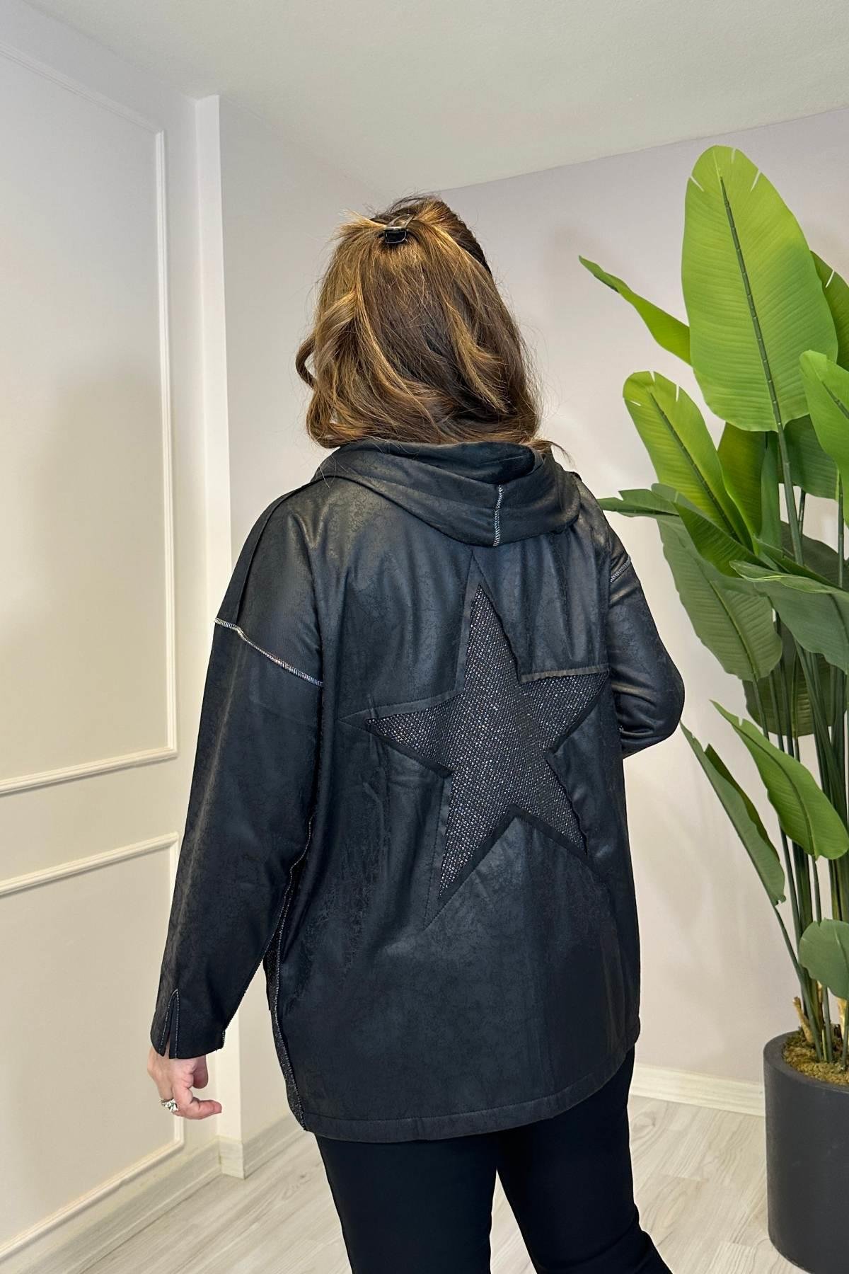 Sırtı Yıldızlı Kapüşonlu Ceket Siyah