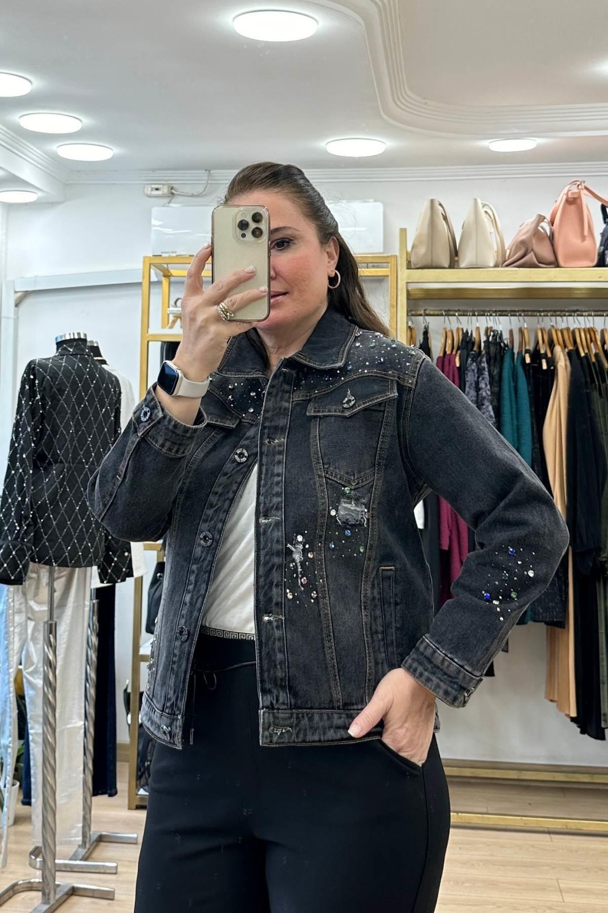 Taş Detaylı Kot Ceket Siyah