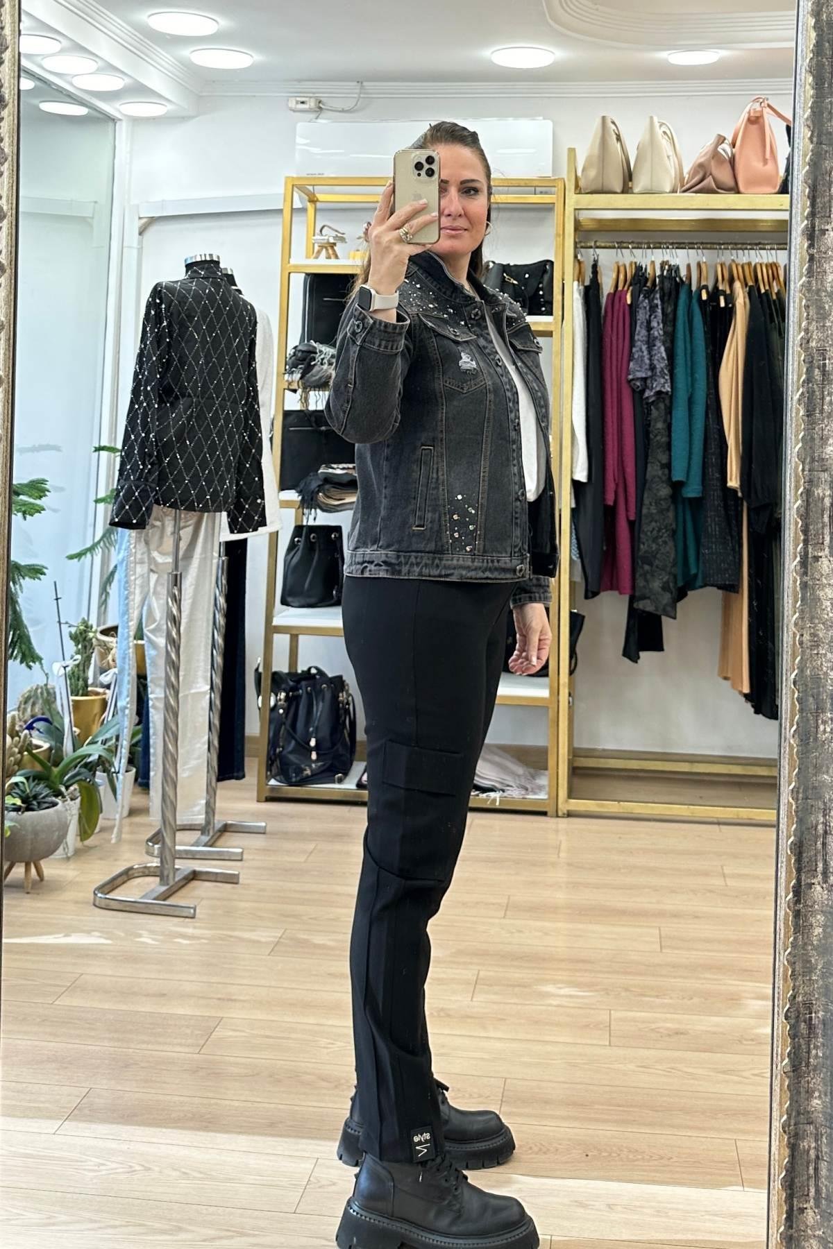 Taş Detaylı Kot Ceket Siyah