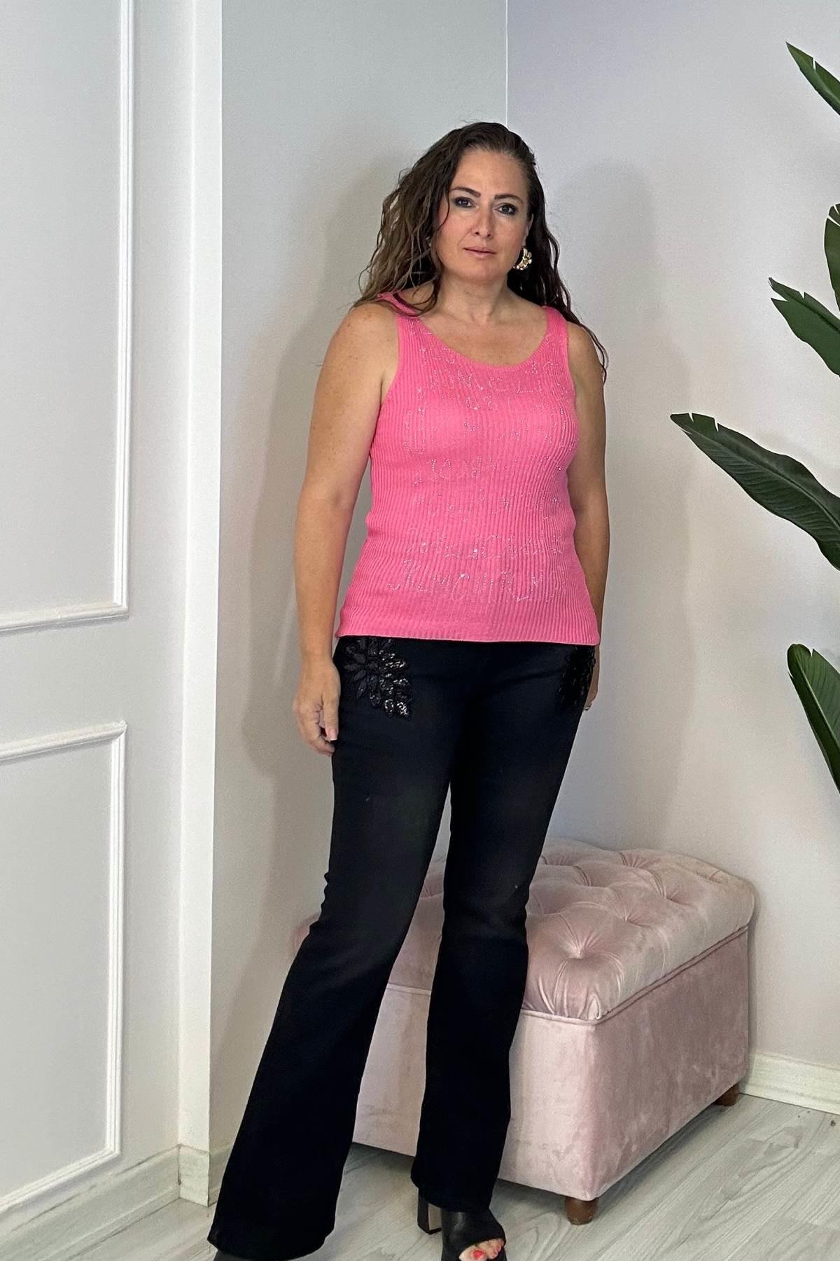 Taşlı Triko Bluz Pembe
