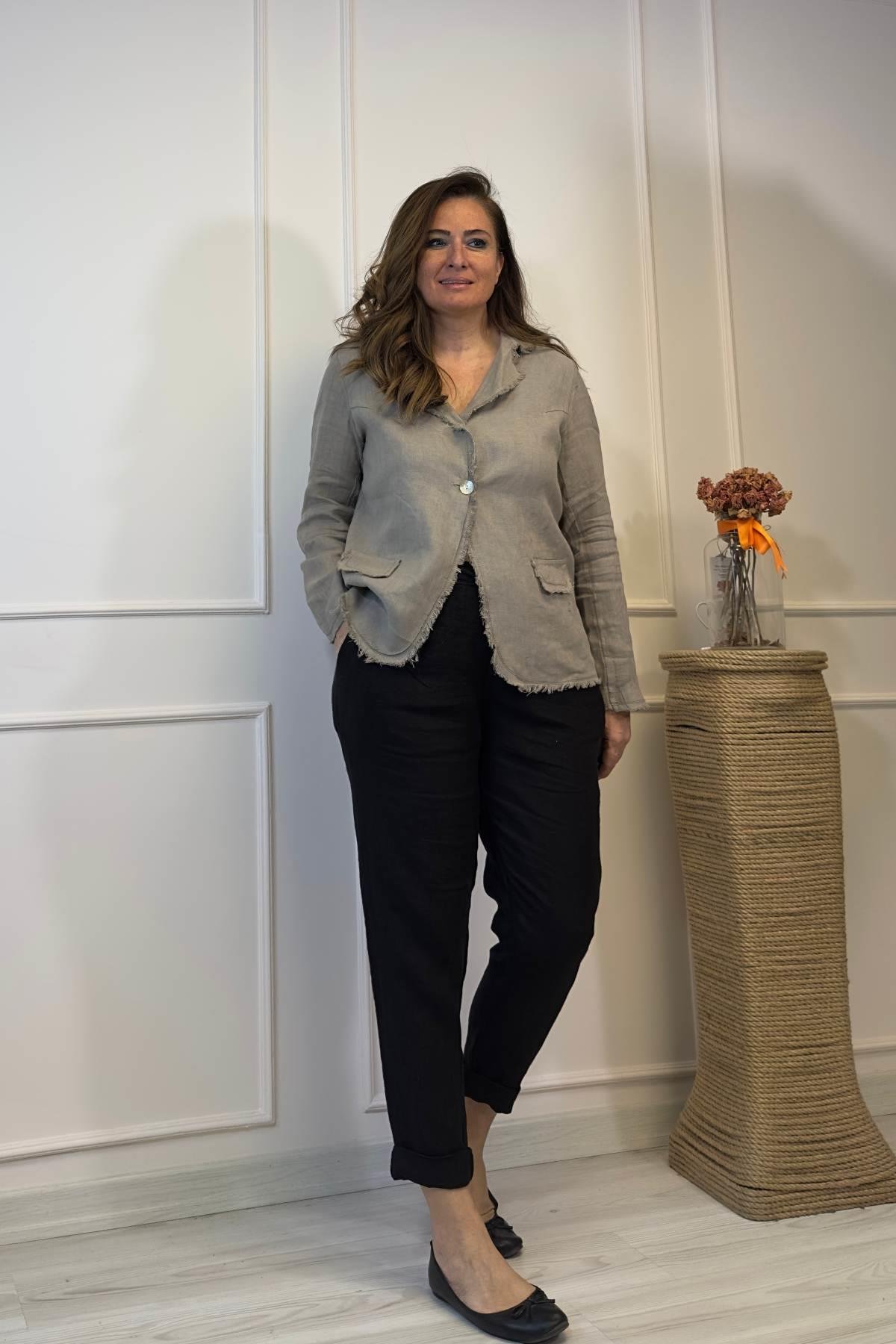 Tek Düğmeli Keten Ceket Kahve