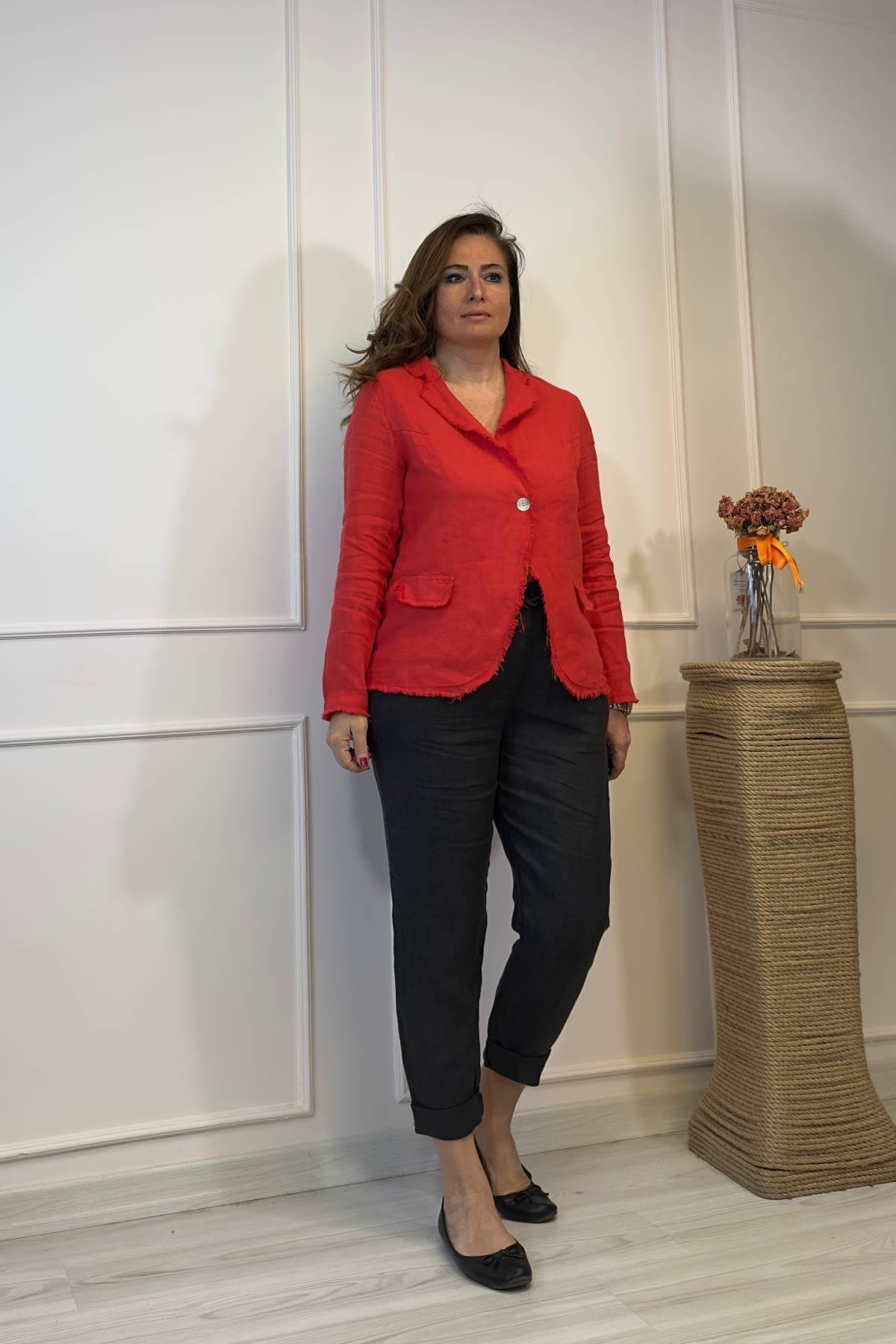 Tek Düğmeli Keten Ceket Kırmızı