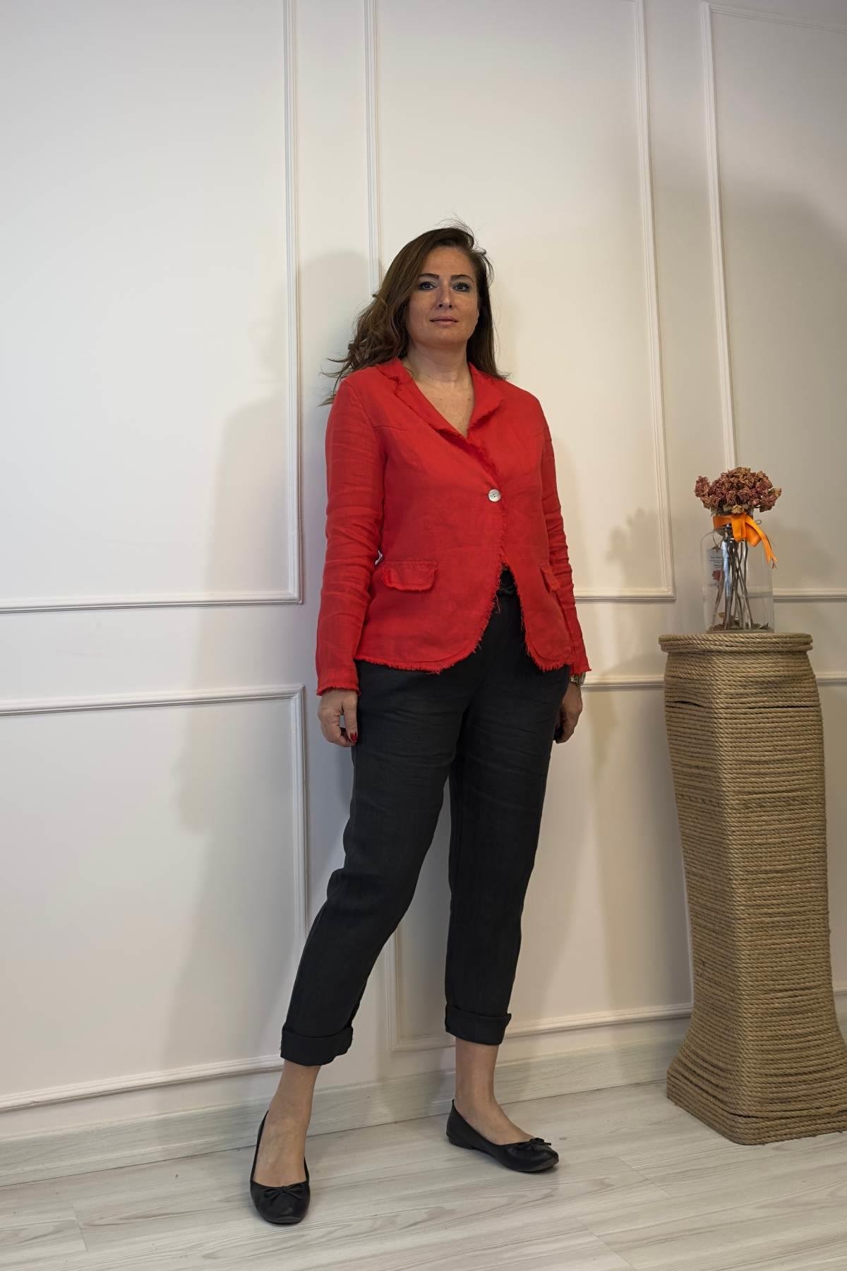 Tek Düğmeli Keten Ceket Kırmızı