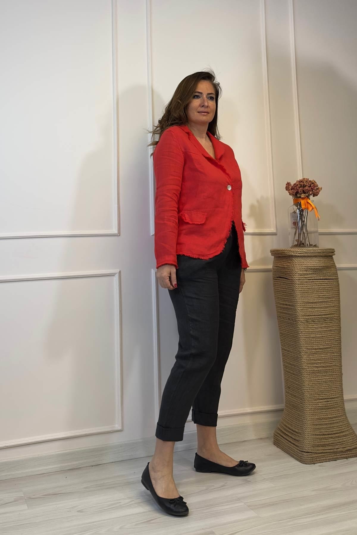 Tek Düğmeli Keten Ceket Kırmızı