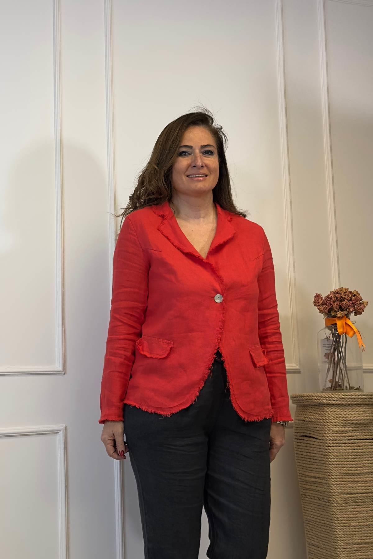 Tek Düğmeli Keten Ceket Kırmızı