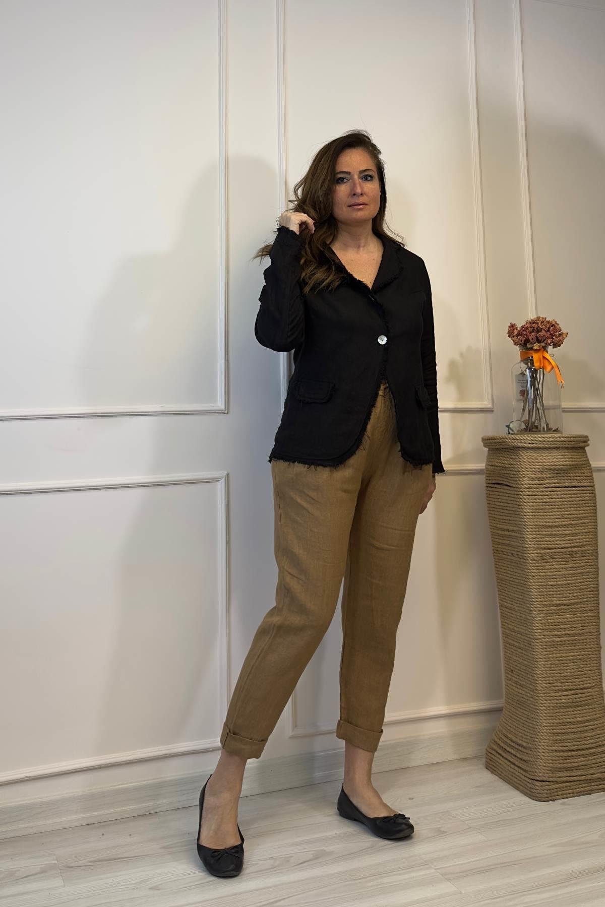 Tek Düğmeli Keten Ceket Siyah