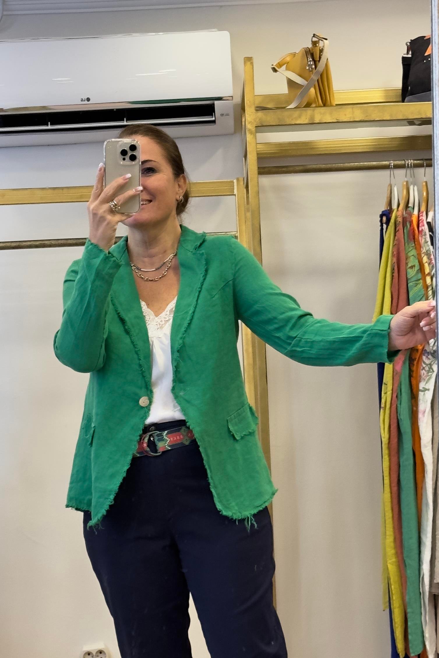 Tek Düğmeli Keten Ceket Yeşil