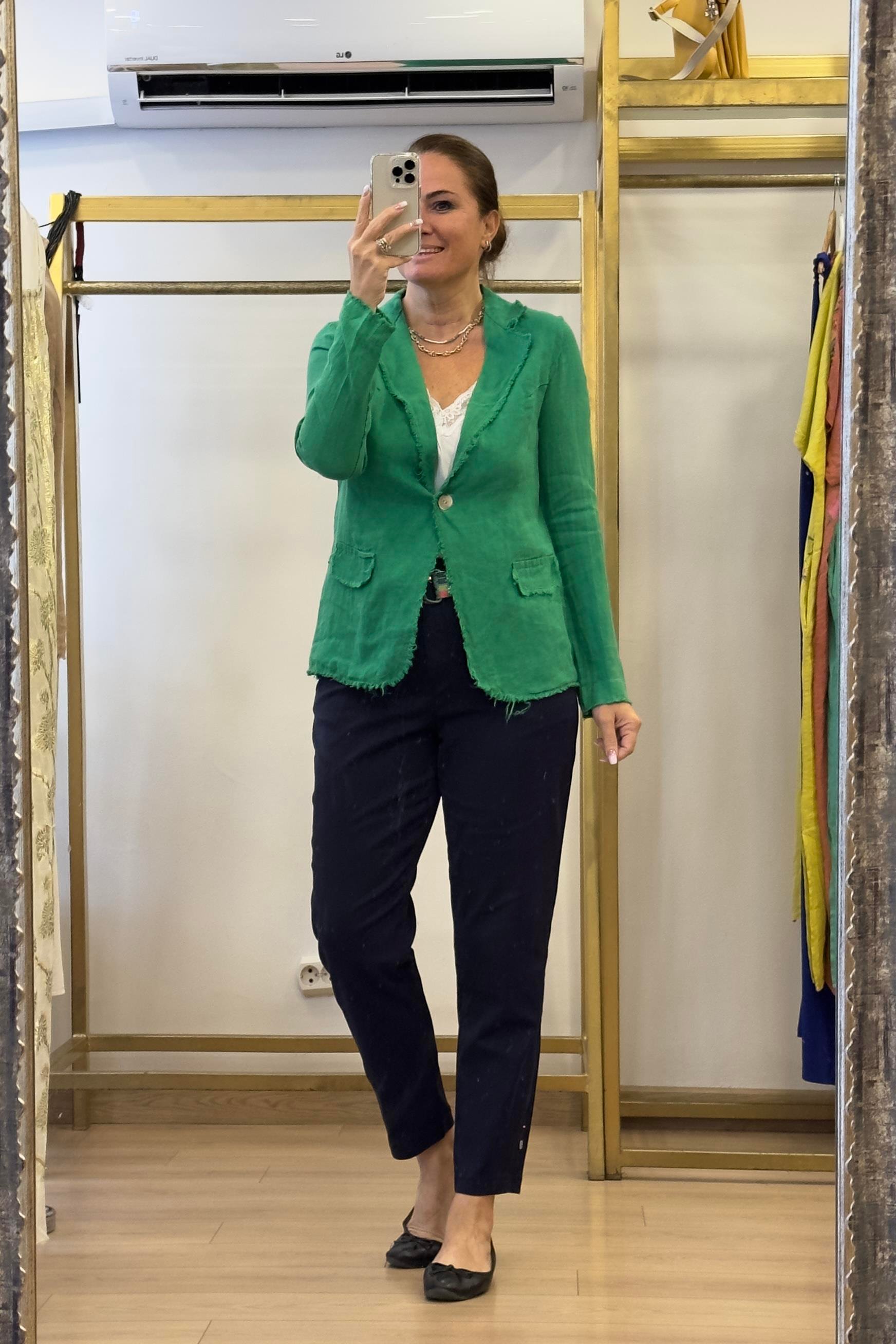 Tek Düğmeli Keten Ceket Yeşil