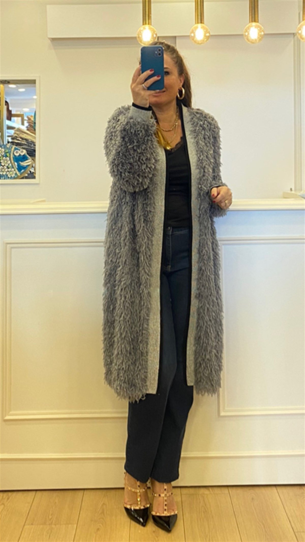 Tiftik Detaylı Sim Şeritli Ceket Gri Rengi