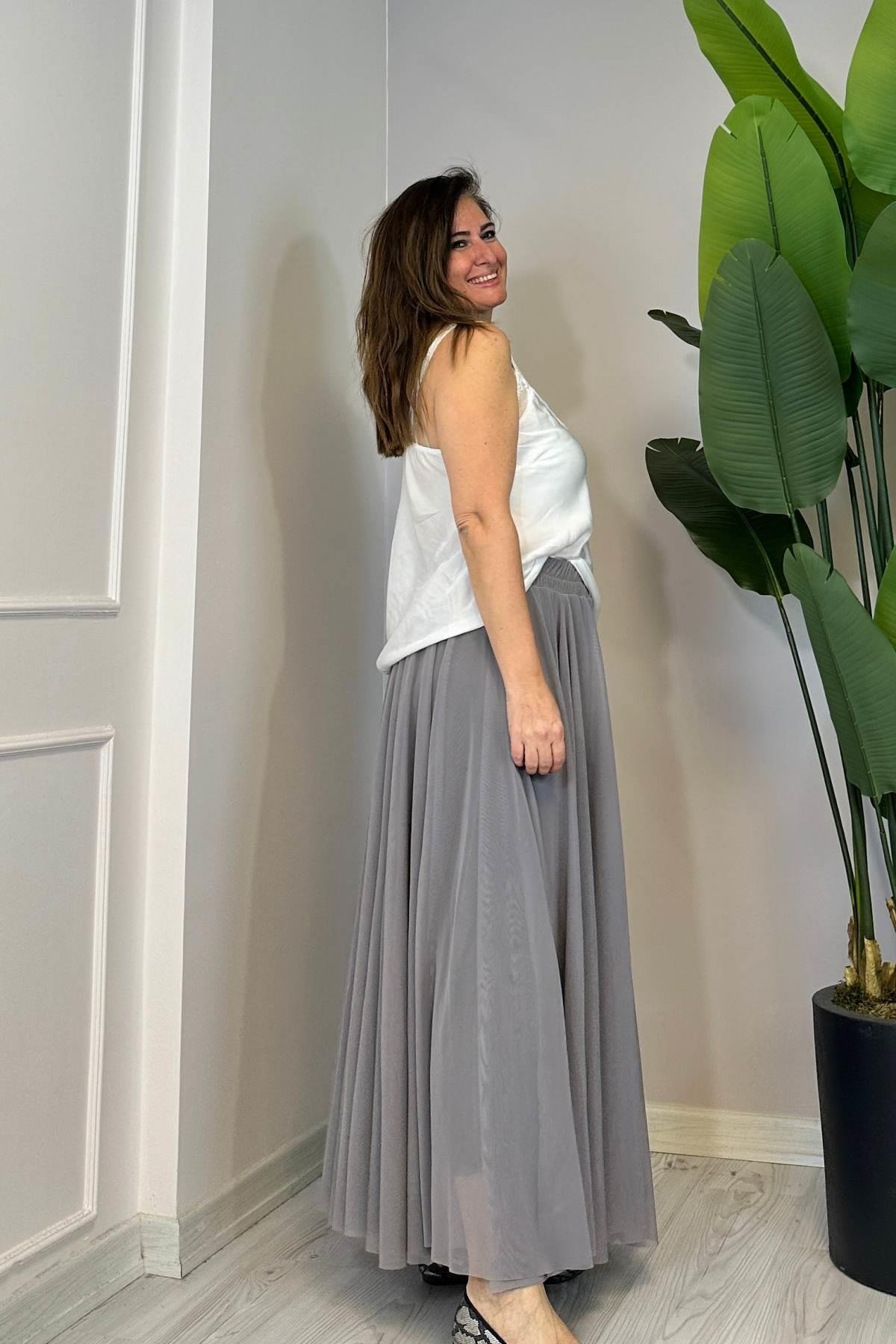 Tül Etek Kendinden Astarlı Gri