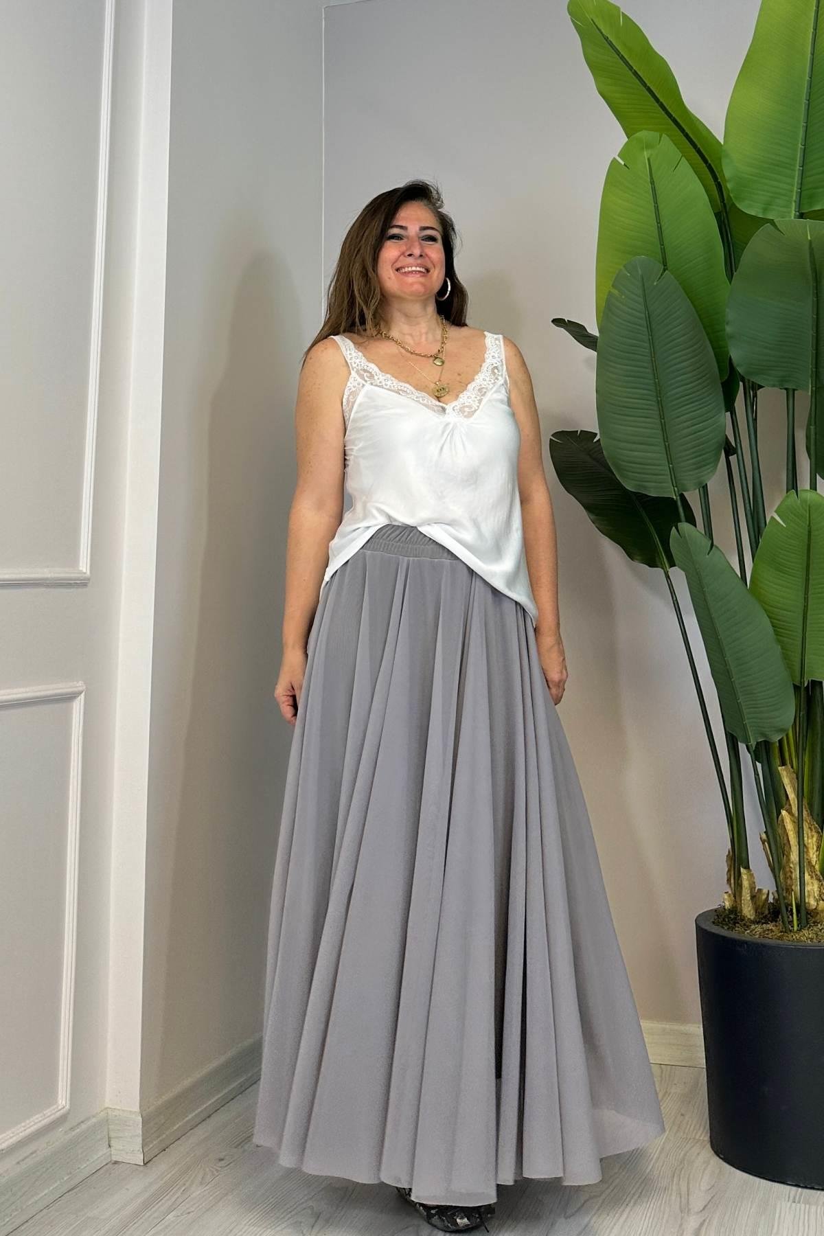 Tül Etek Kendinden Astarlı Gri