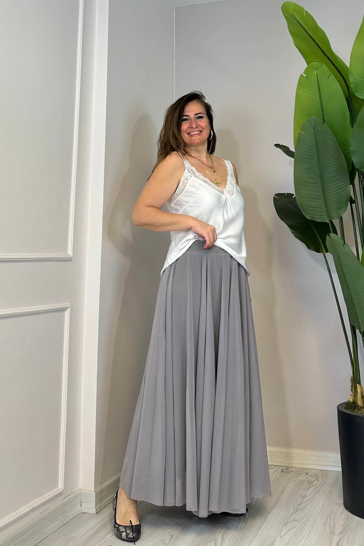 Tül Etek Kendinden Astarlı Gri