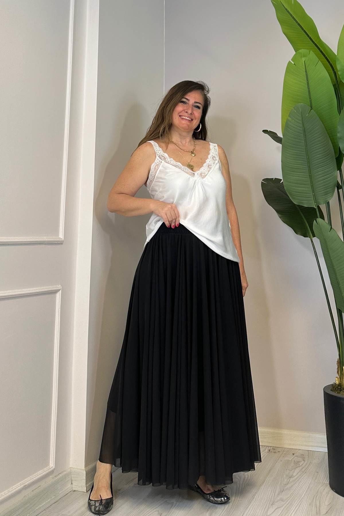 Tül Etek Kendinden Astarlı Siyah