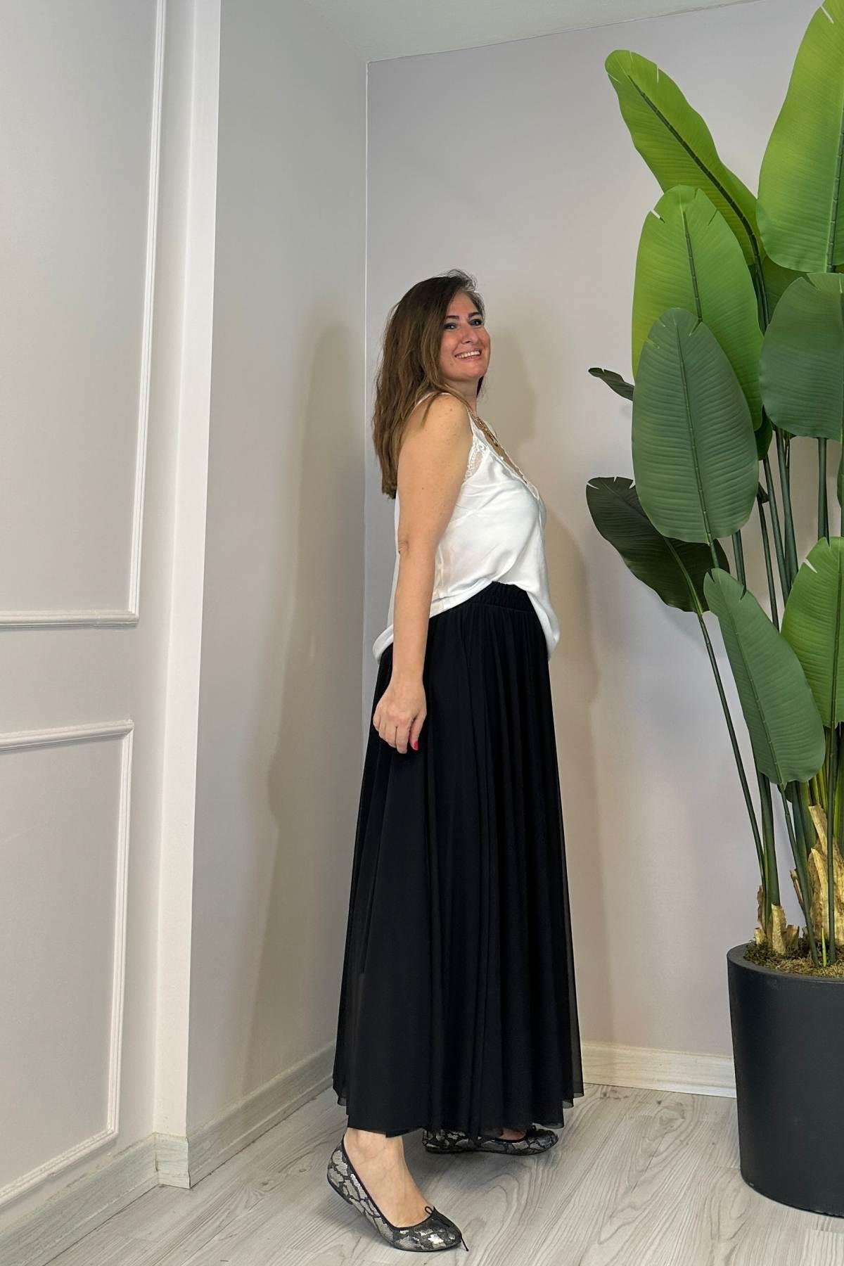 Tül Etek Kendinden Astarlı Siyah