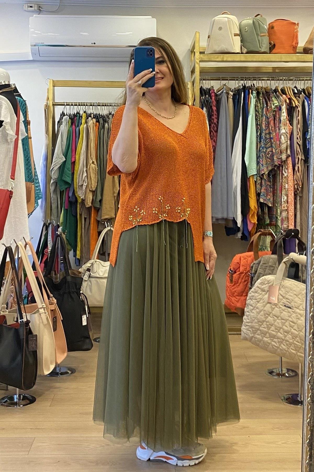 Tül Maksi Etek Haki Yeşil