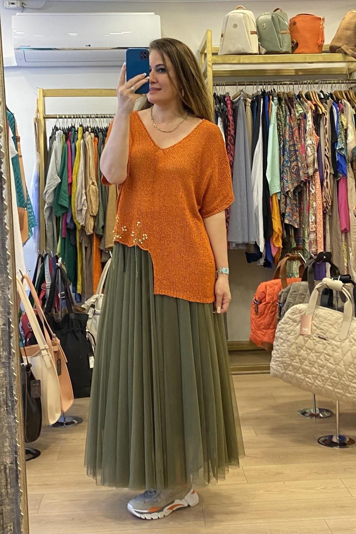 Tül Maksi Etek Haki Yeşil