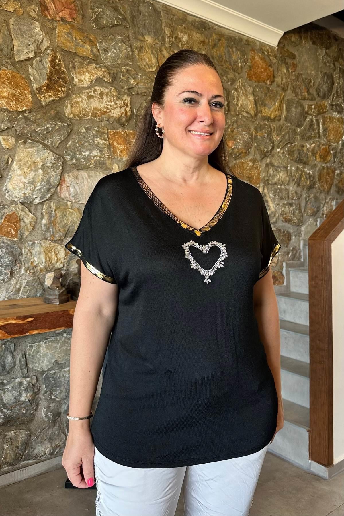 V Yaka Taşlı Triko Bluz Siyah