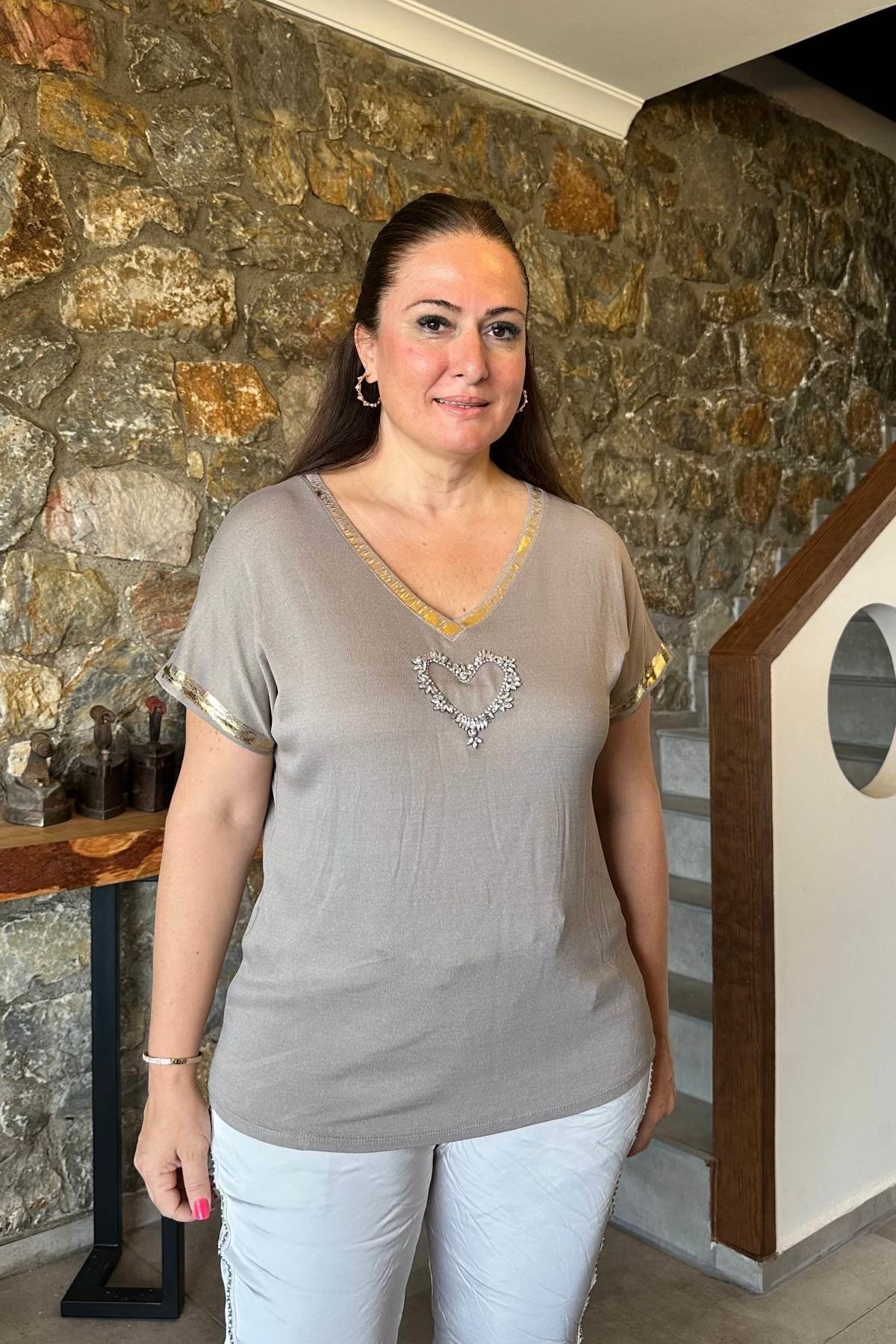 V Yaka Taşlı Triko Bluz Taş