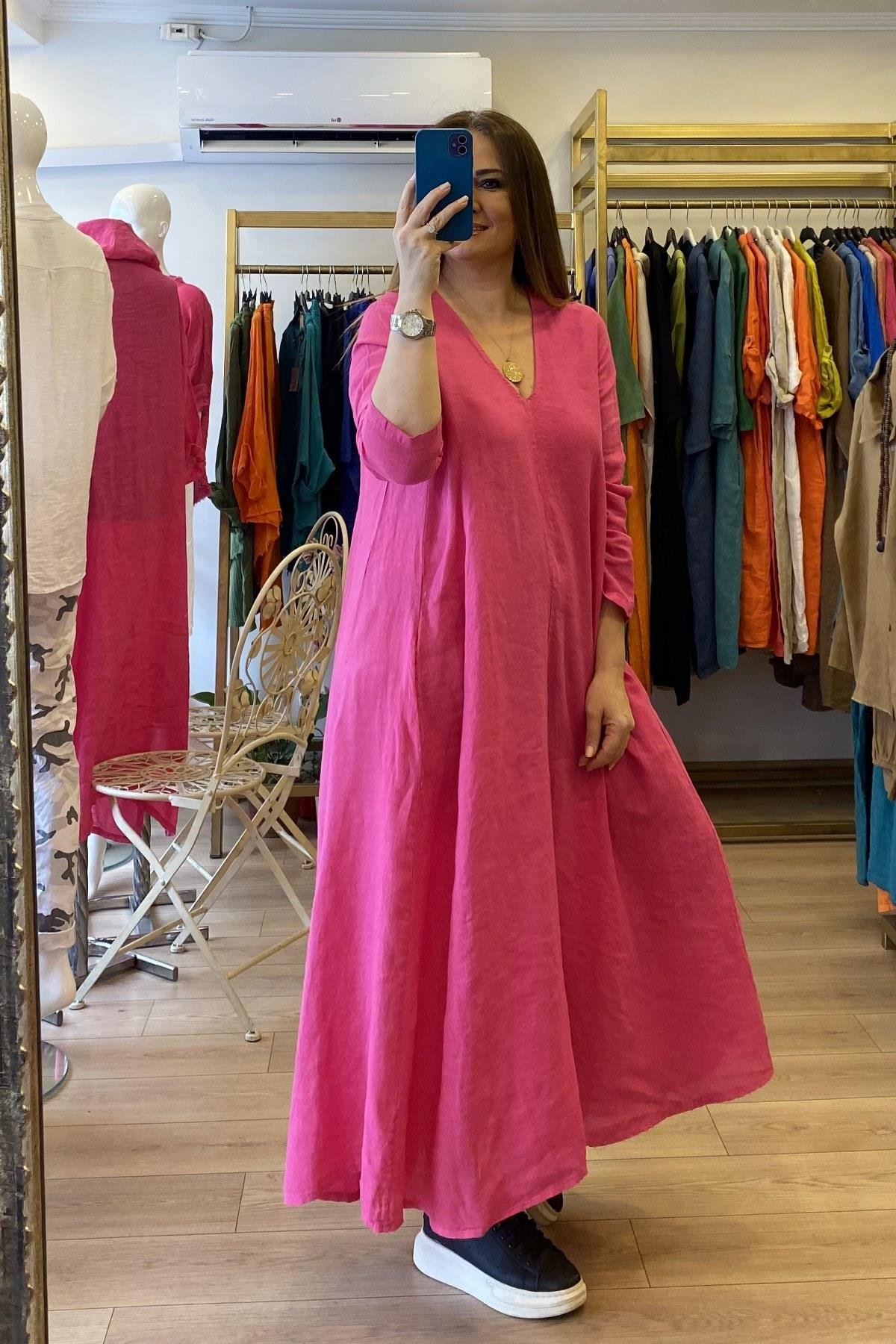 V Yakalı Parçalı Kiloş Elbise Pembe