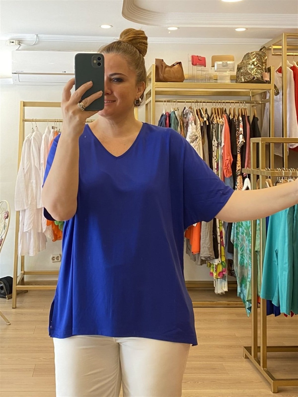 V yakalı viscon penye oversize bluz saks mavi