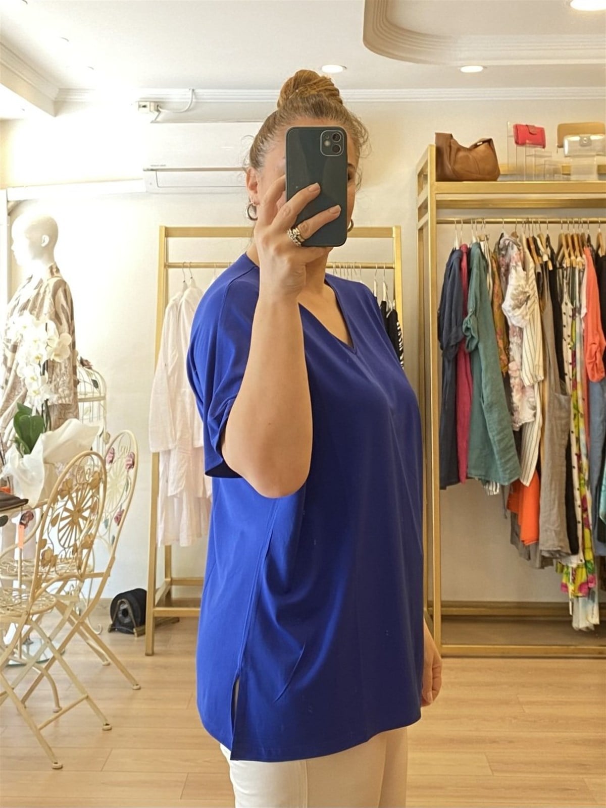 V yakalı viscon penye oversize bluz saks mavi