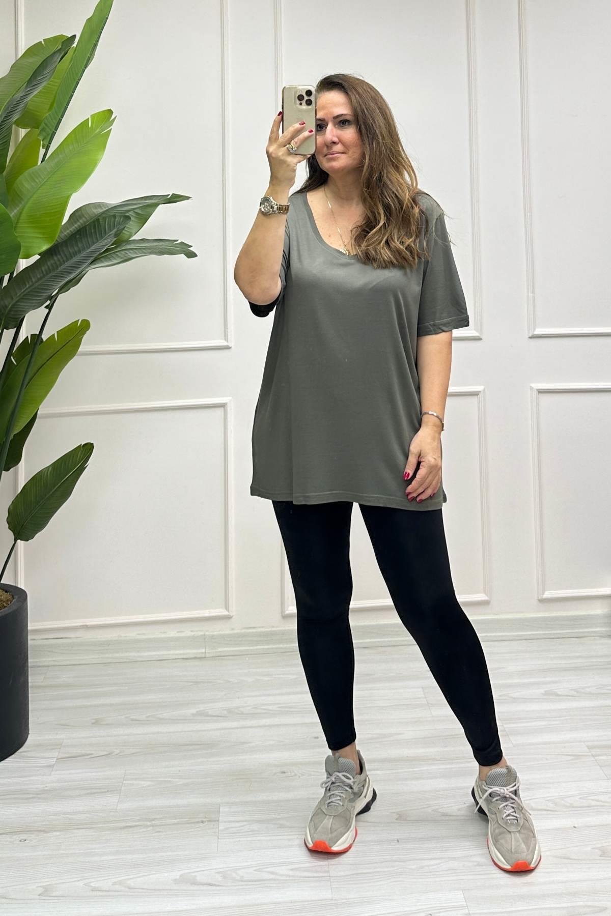 V Yakalı Yarım Kol T-Shirt Haki