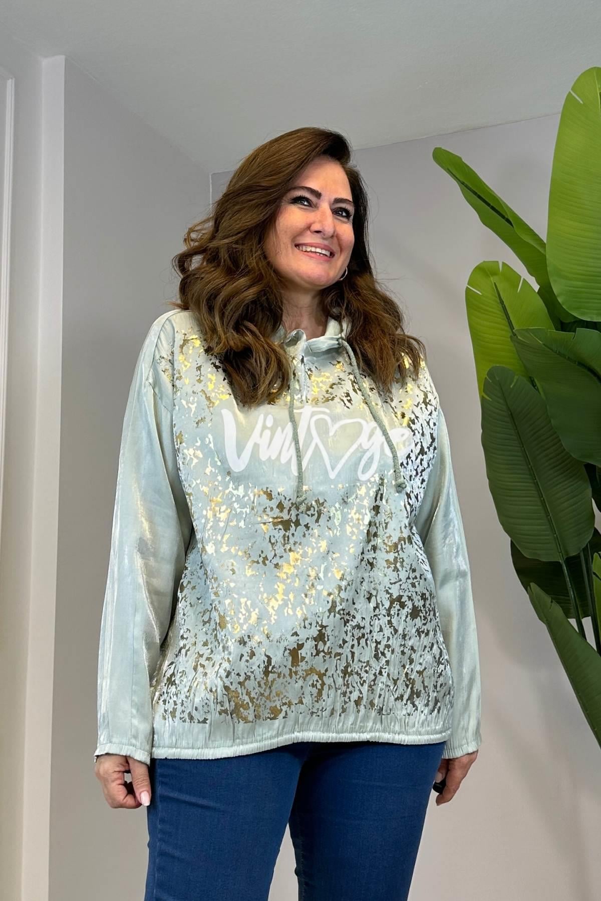Vintage Yazı Detaylı Varaklı Tunik Bluz Mint