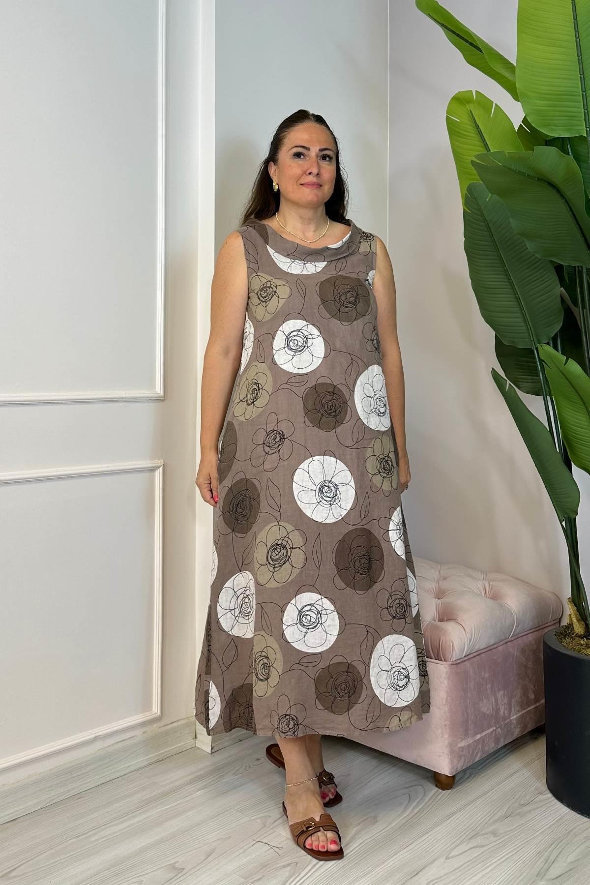 Yaka Detaylı Kolsuz Maxi Boy İthal Keten Elbise Taş