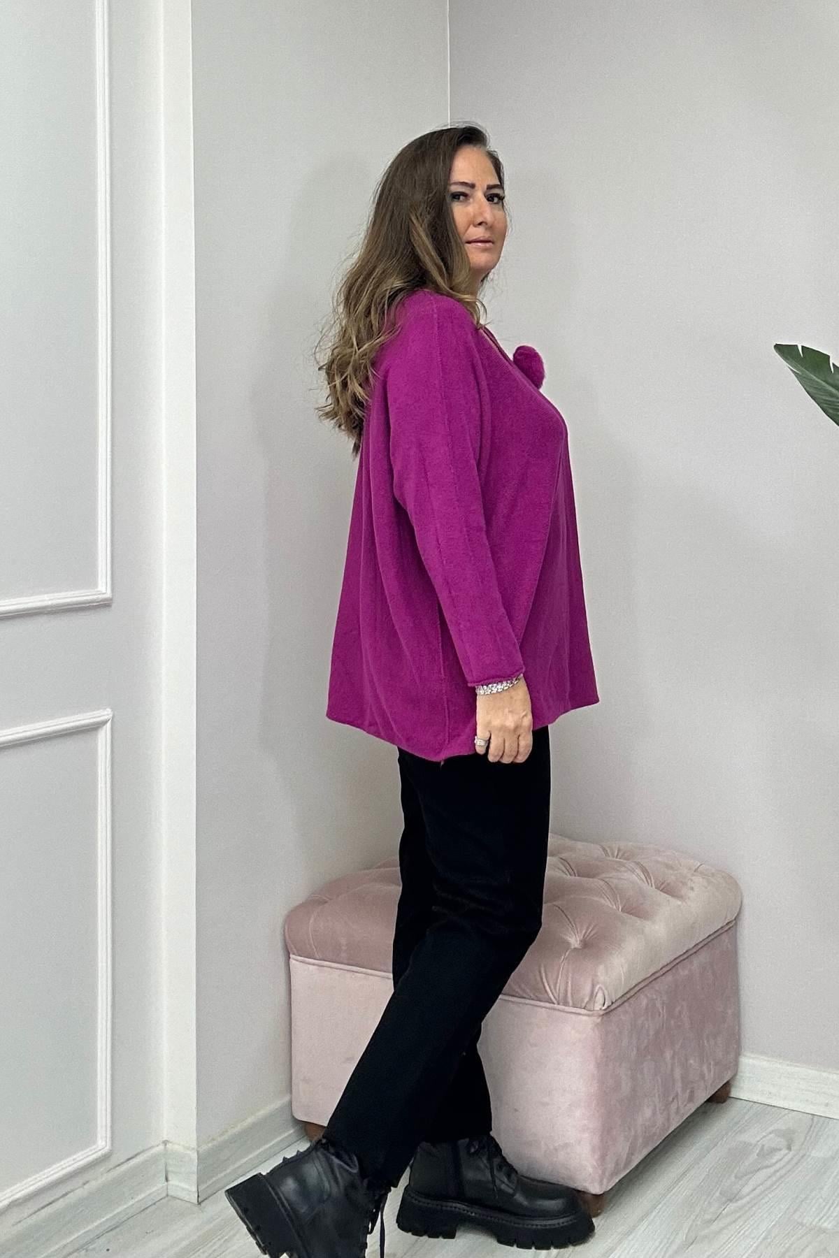 Yaka Ponpon Detaylı V Yaka Angora Triko Fuşya Pembe