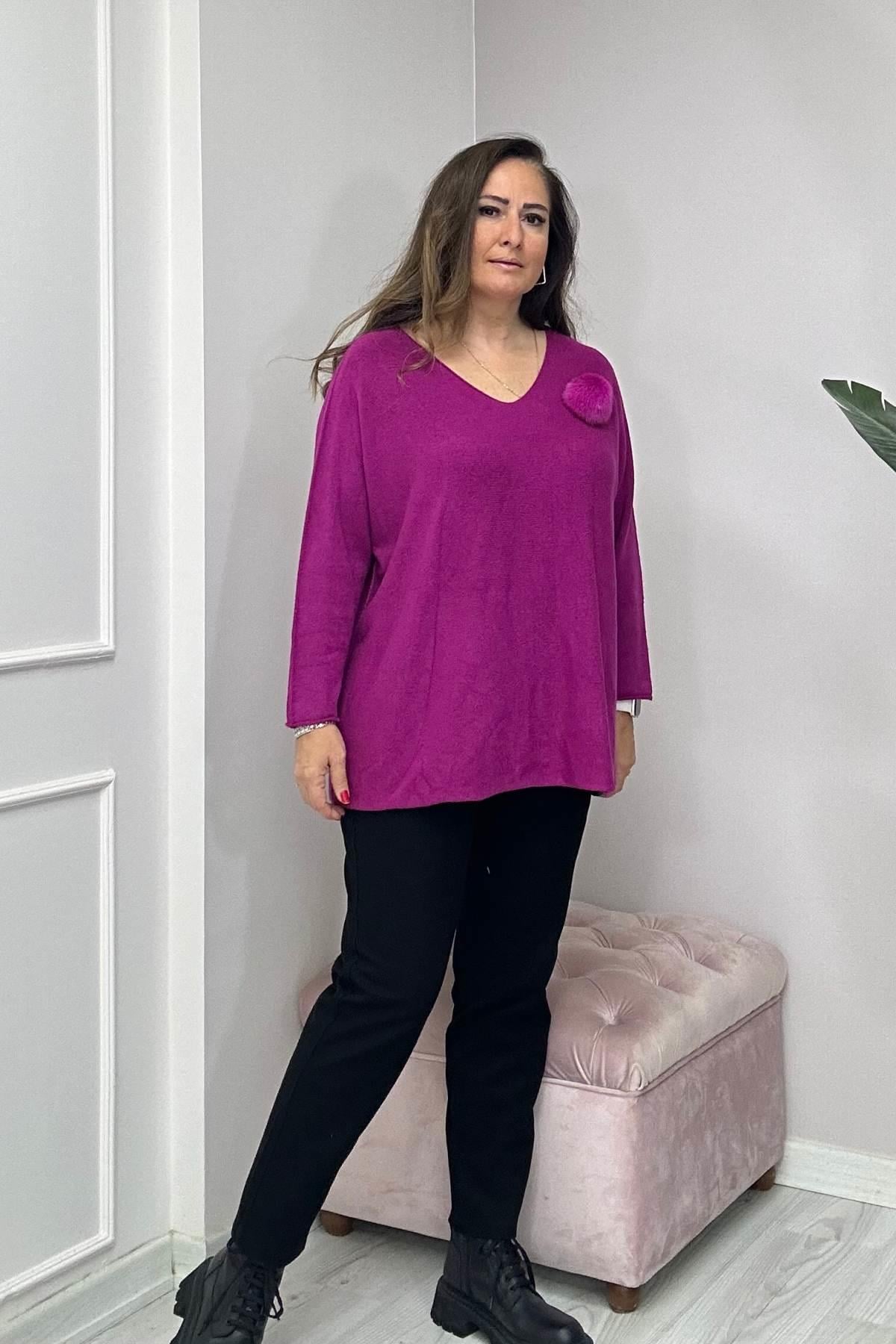 Yaka Ponpon Detaylı V Yaka Angora Triko Fuşya Pembe