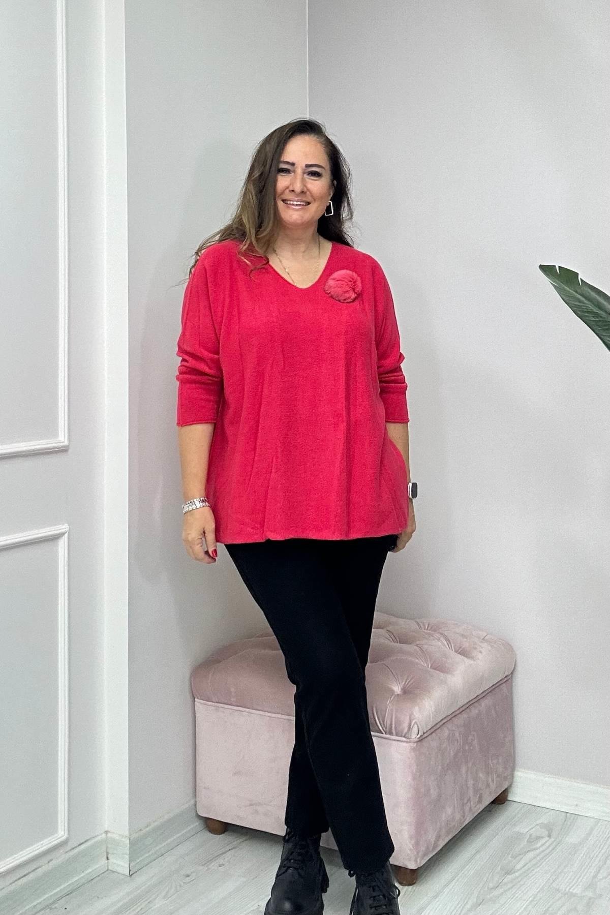 Yaka Ponpon Detaylı V Yaka Angora Triko Kırmızı