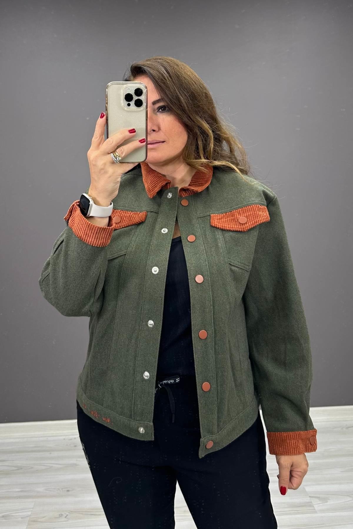 Yaka Ve Cep Kadife Detaylı Mont Haki Yeşil