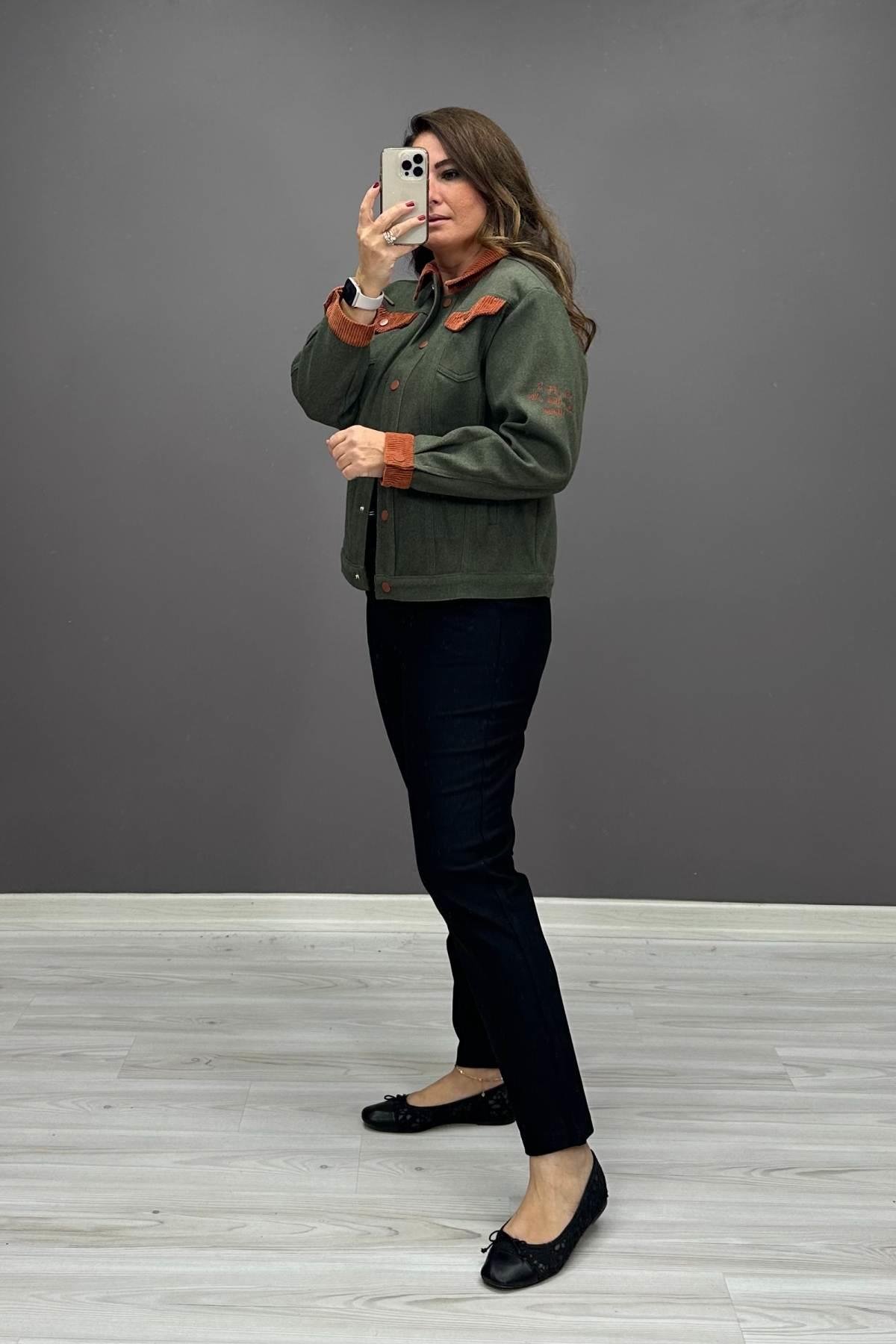 Yaka Ve Cep Kadife Detaylı Mont Haki Yeşil