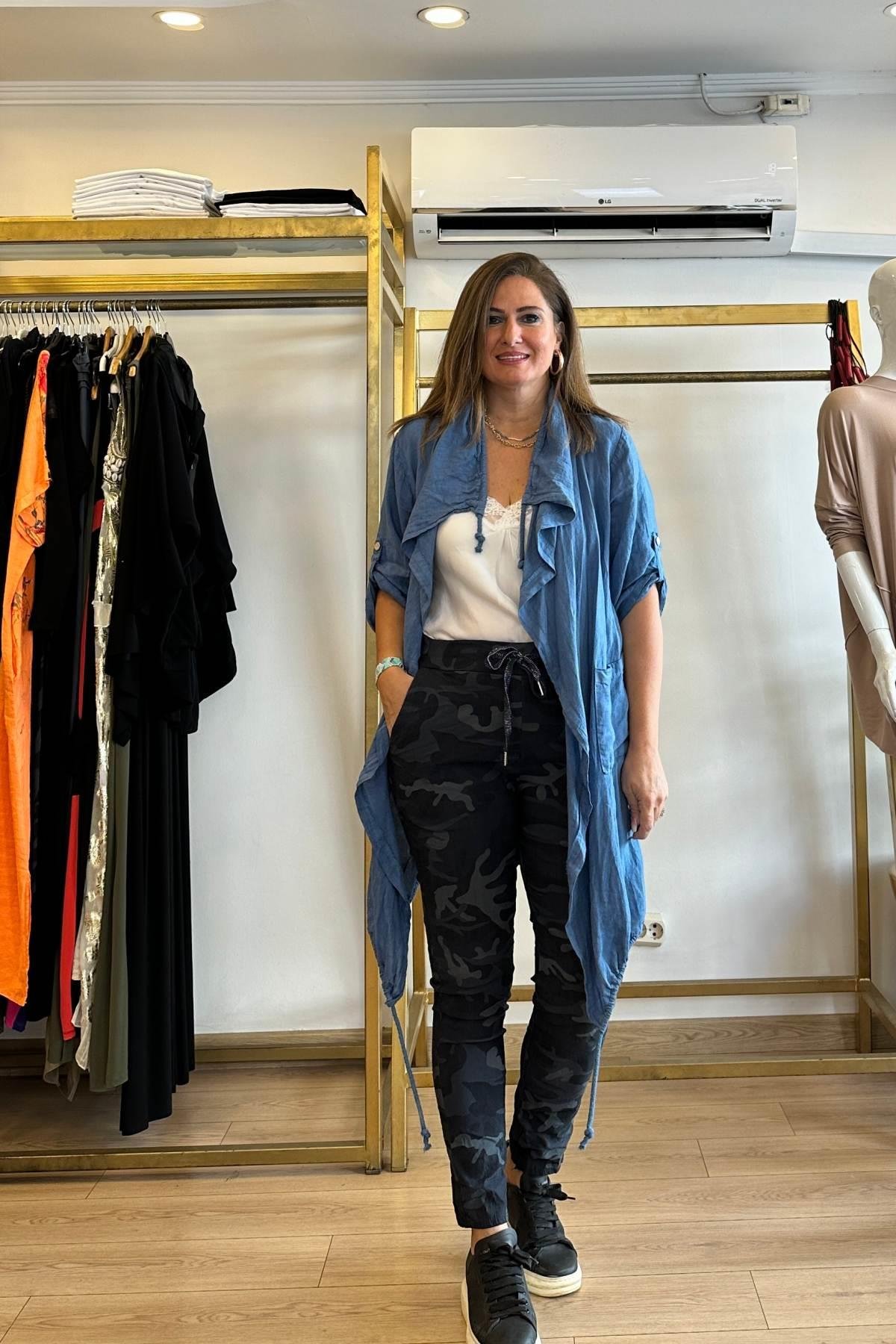 Yaka Ve Etek Ucu İp Büzgü Detaylı Arka Desenli Keten Ceket İndigo Mavi