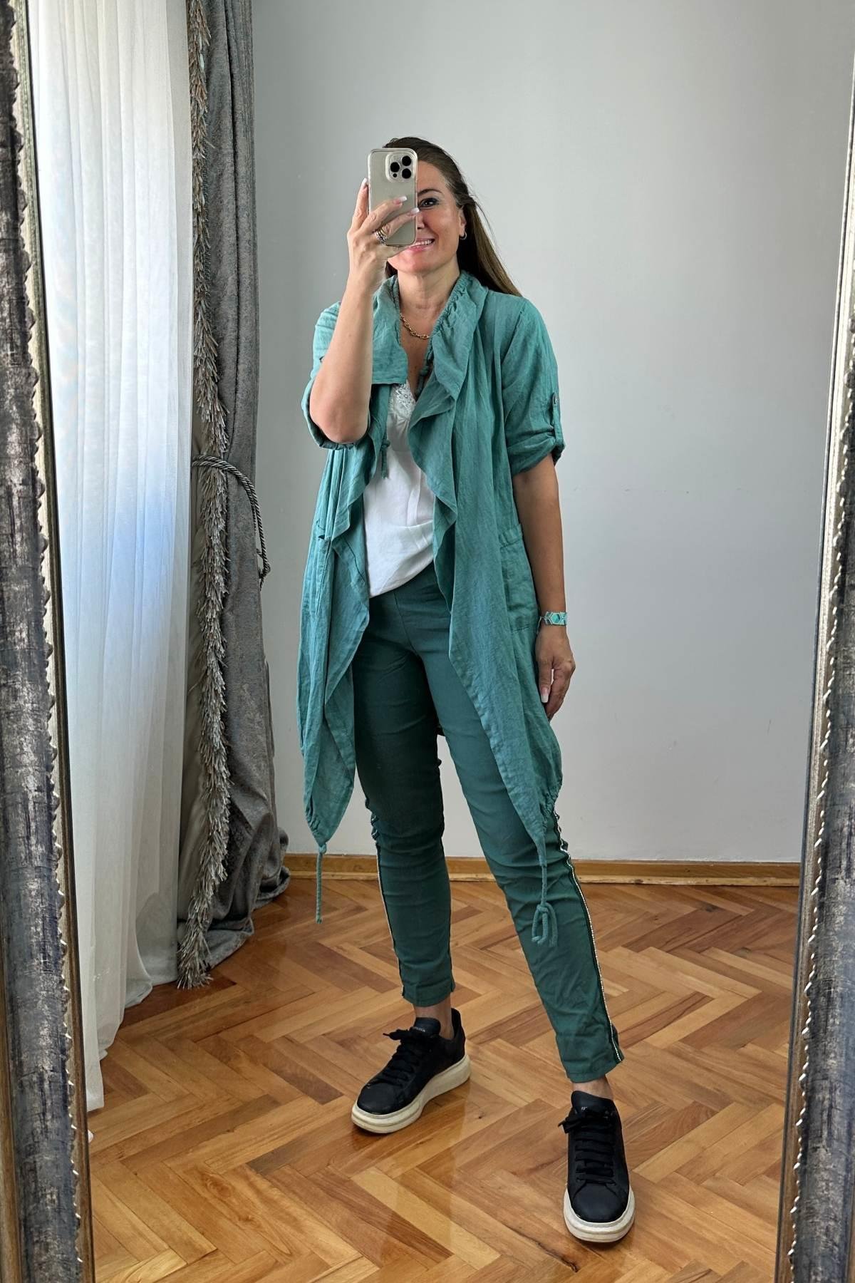 Yaka Ve Etek Ucu İp Büzgü Detaylı Arka Desenli Keten Ceket Yeşil