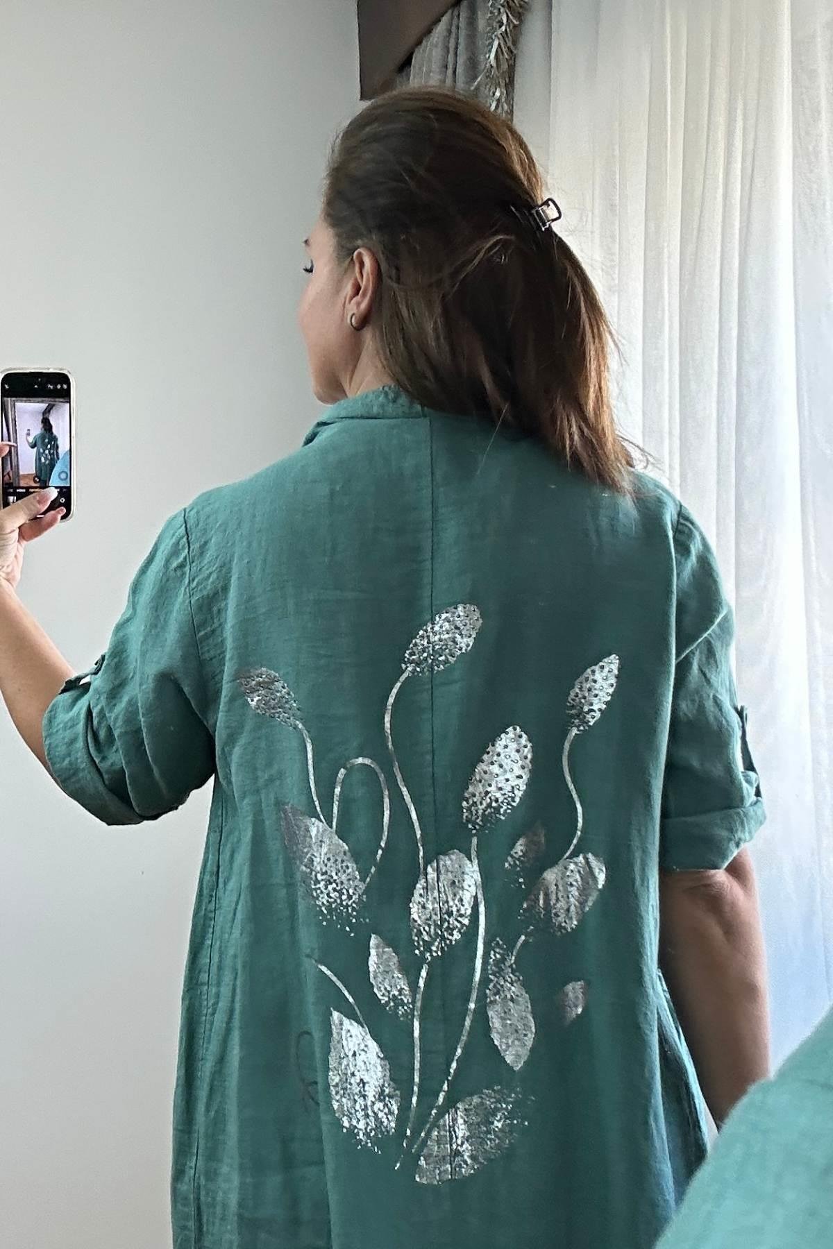 Yaka Ve Etek Ucu İp Büzgü Detaylı Arka Desenli Keten Ceket Yeşil