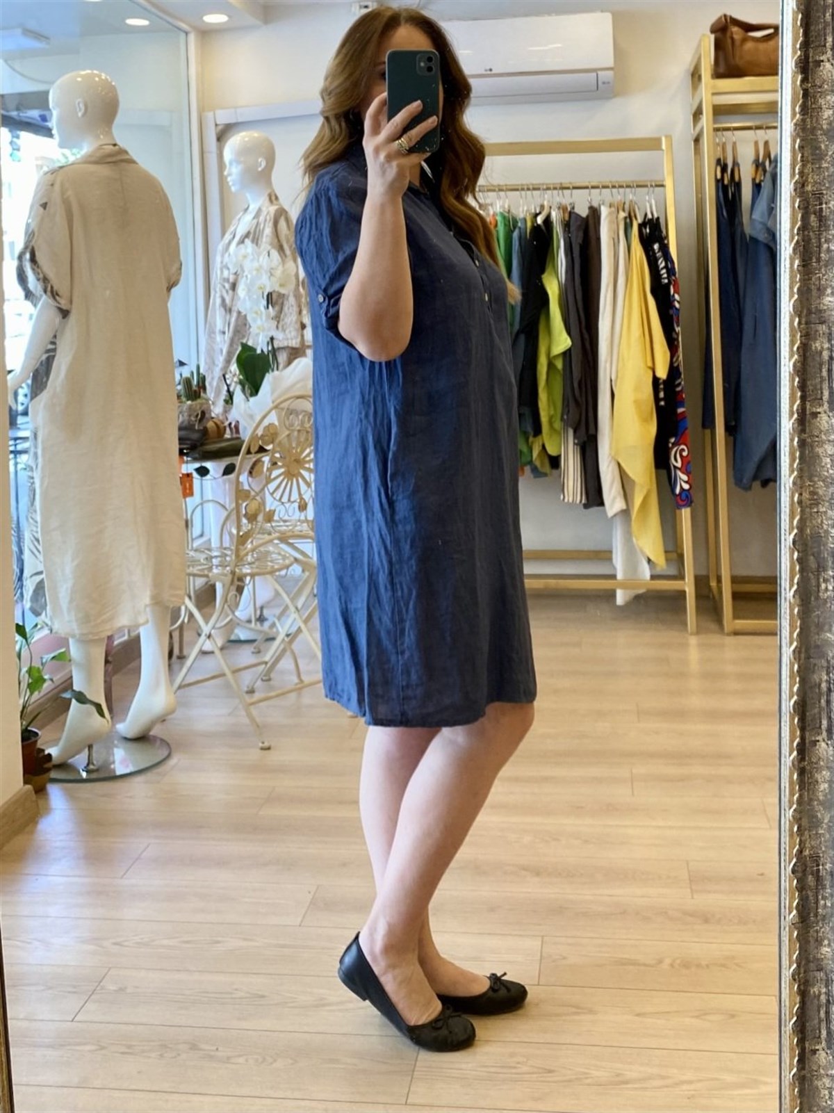 Yakalı keten elbise indigo mavi