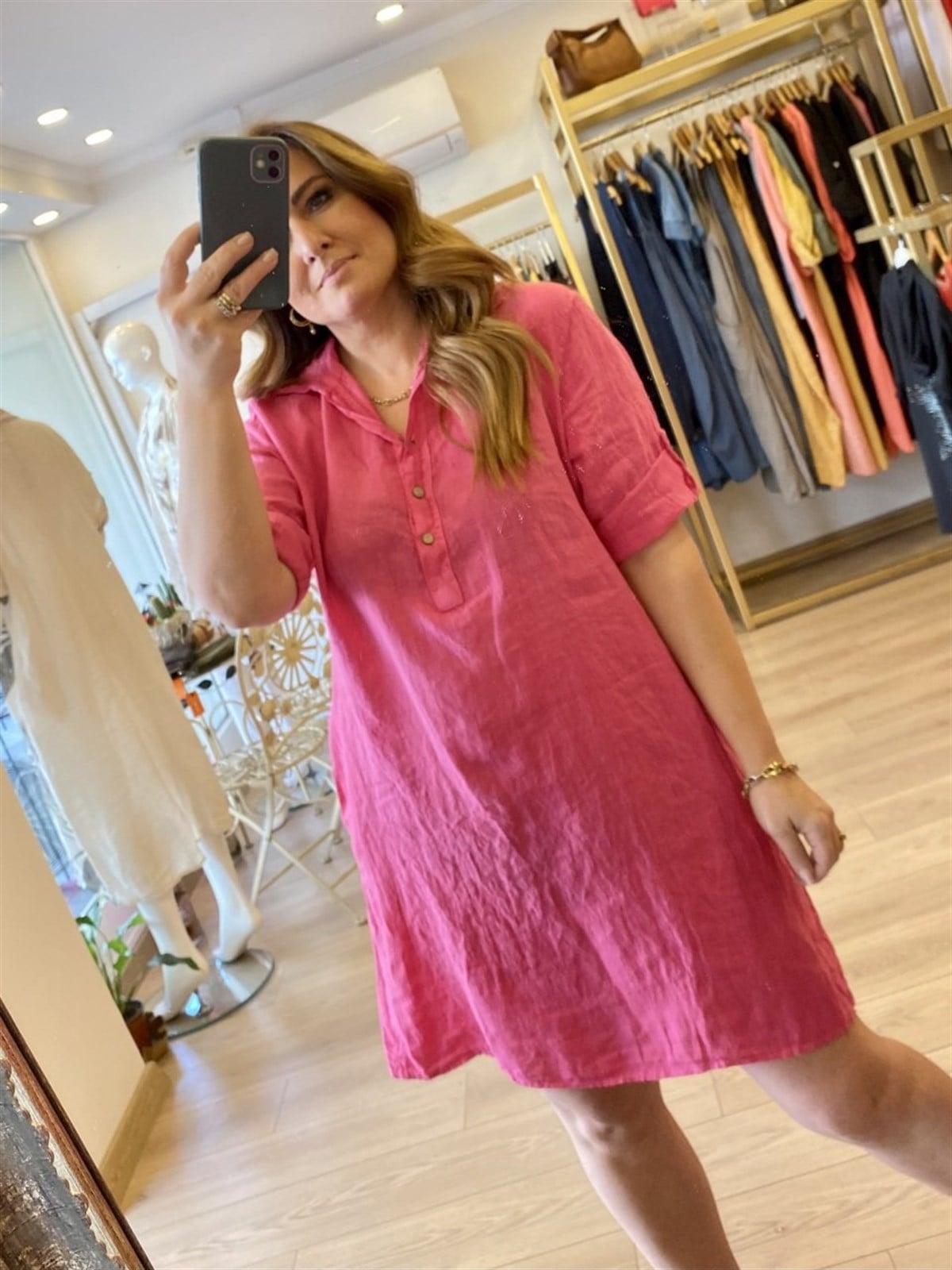 Yakalı keten elbise pembe